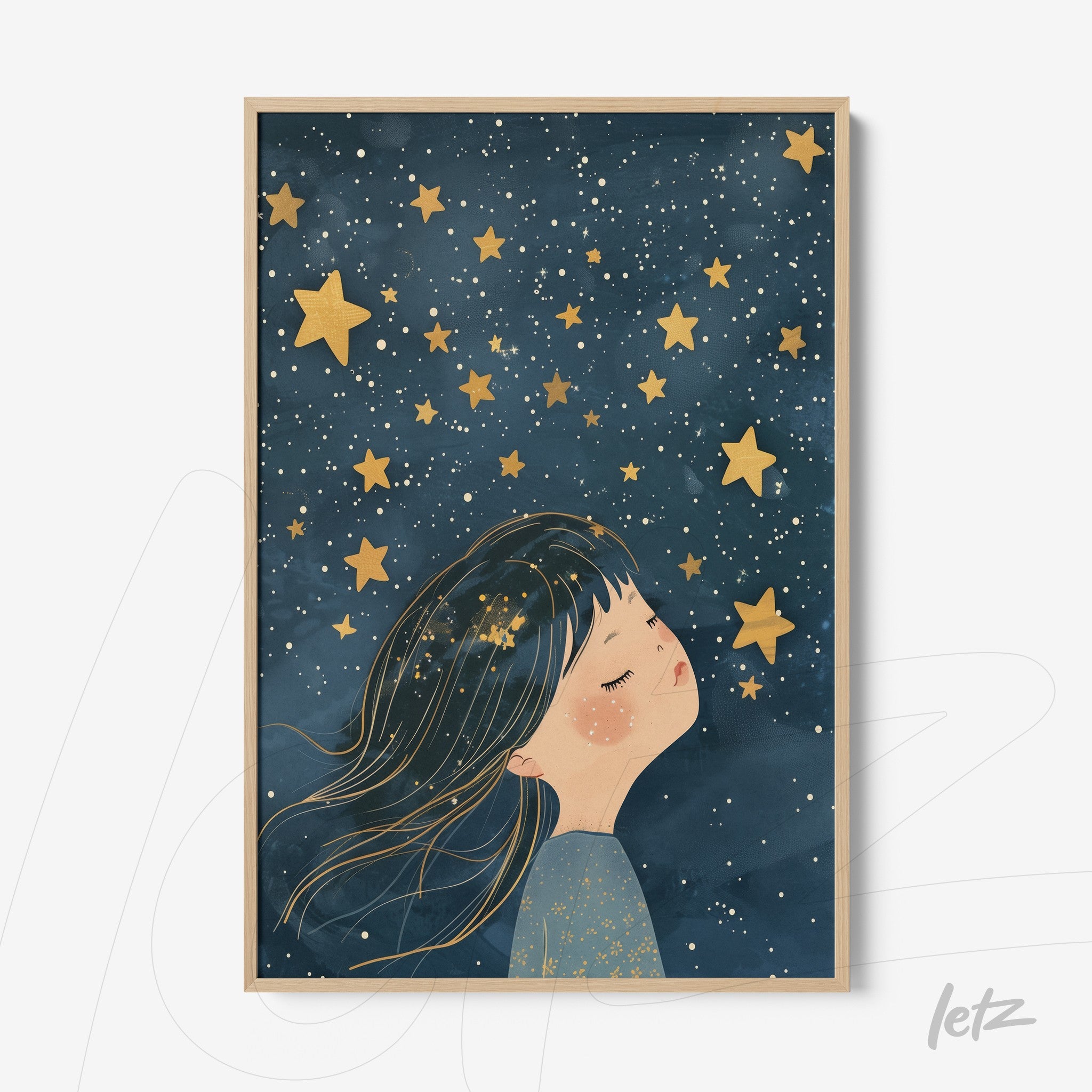 framed art featuring a dreamy girl looking at golden stars against a dark blue background