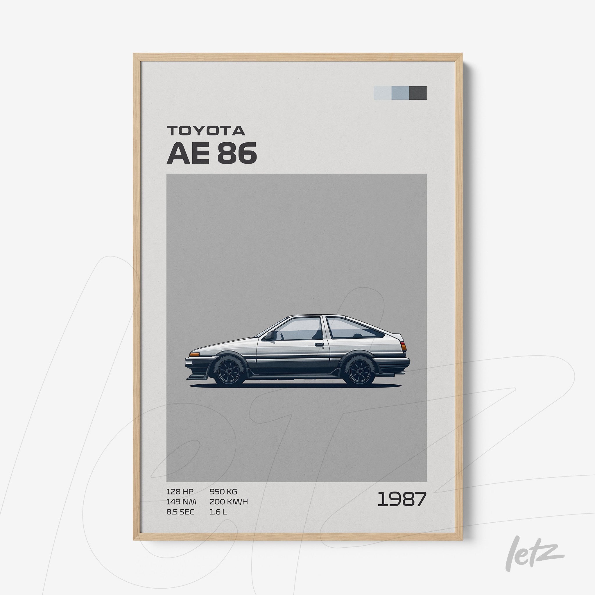 framed minimalist art of Toyota AE86 car with light wood frame and gray background