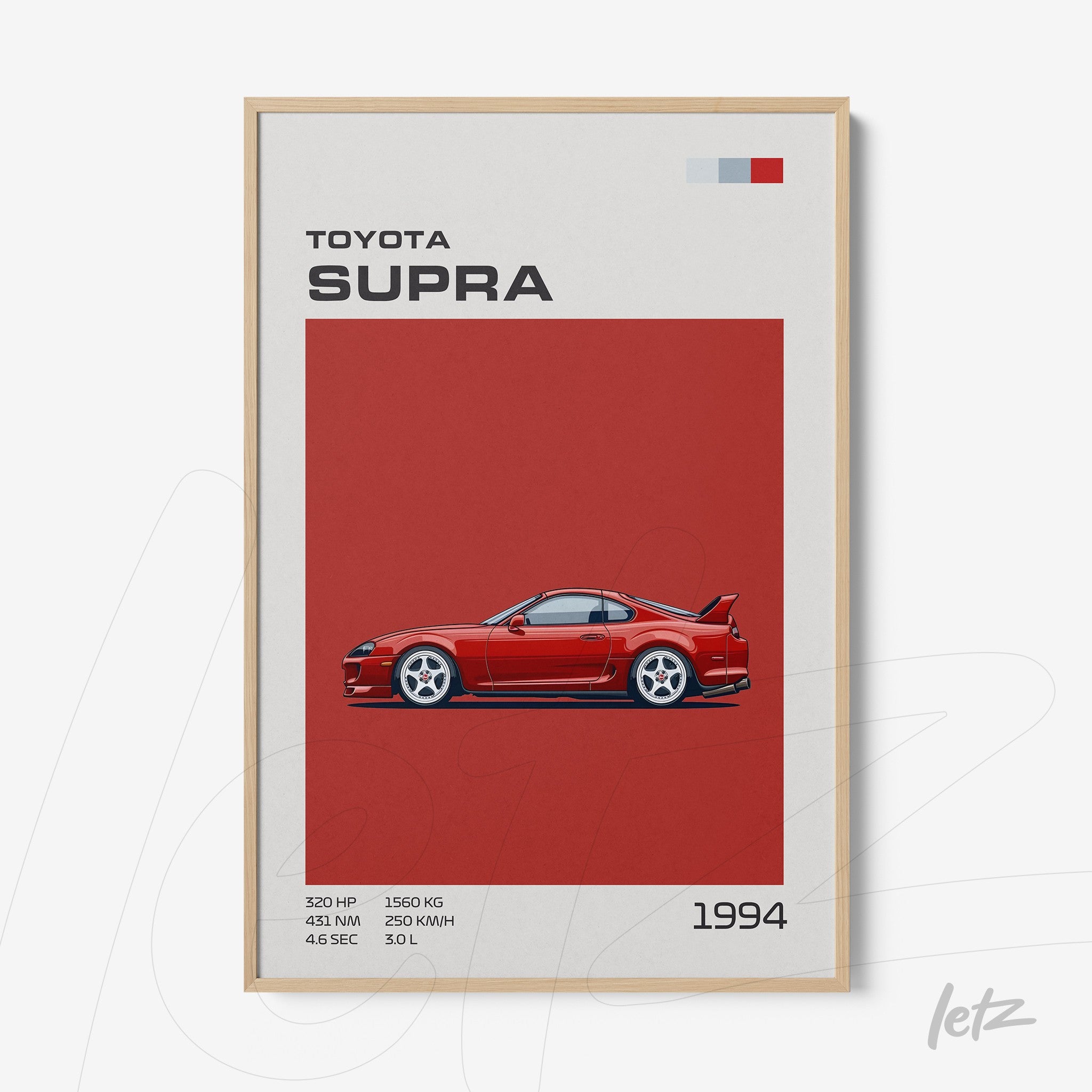 framed artwork of a 1994 Toyota Supra illustration with red background and light wood frame