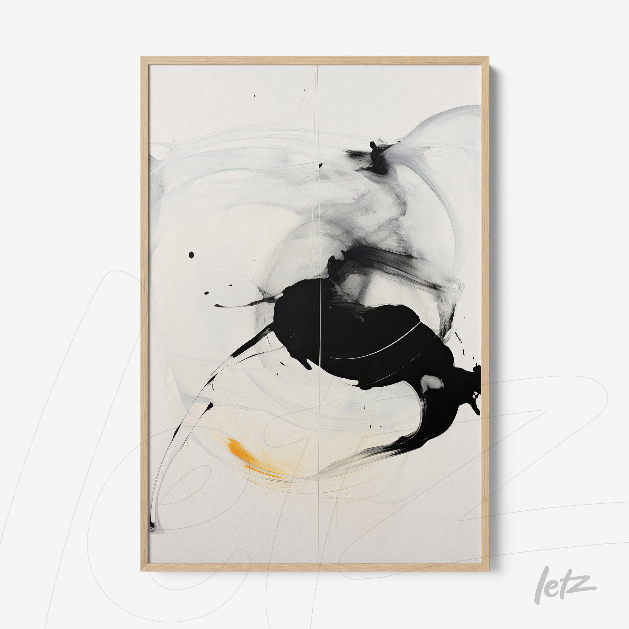 abstract painting with black strokes and hints of yellow in light wood frame