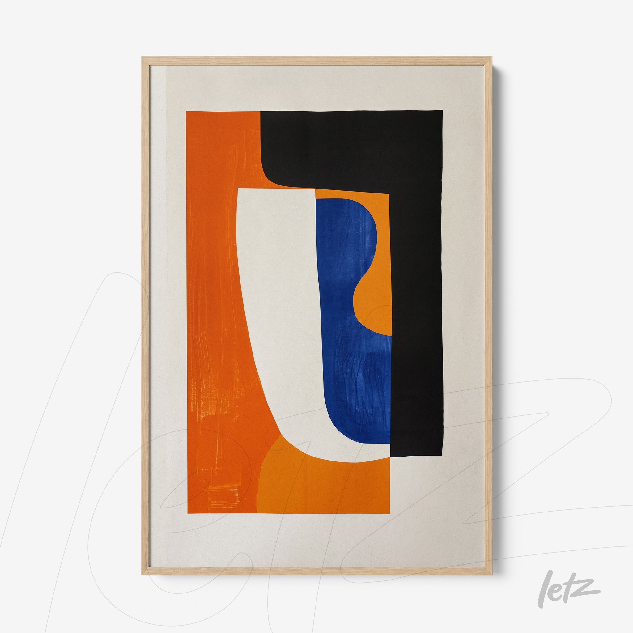framed wall art featuring abstract shapes in orange, blue, and black on a light background