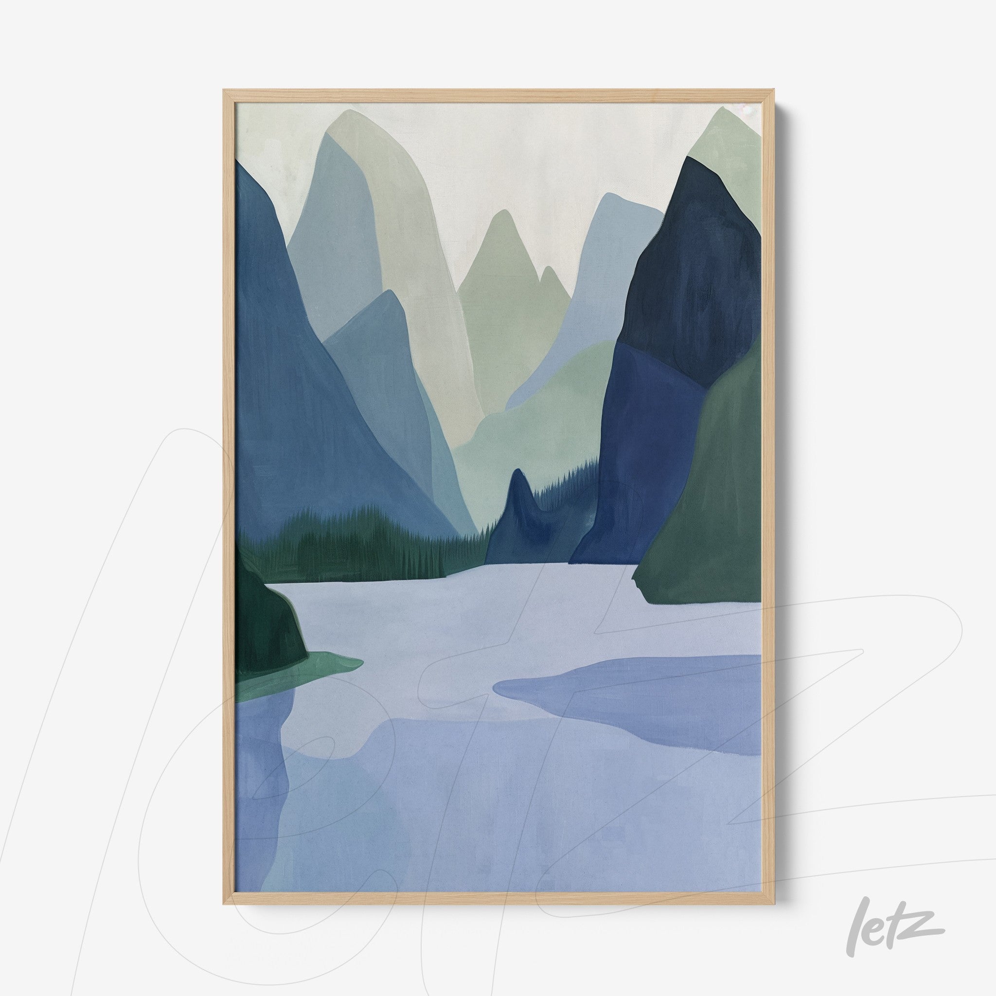 framed artwork featuring a mountain landscape in shades of blue and green with a light wood frame