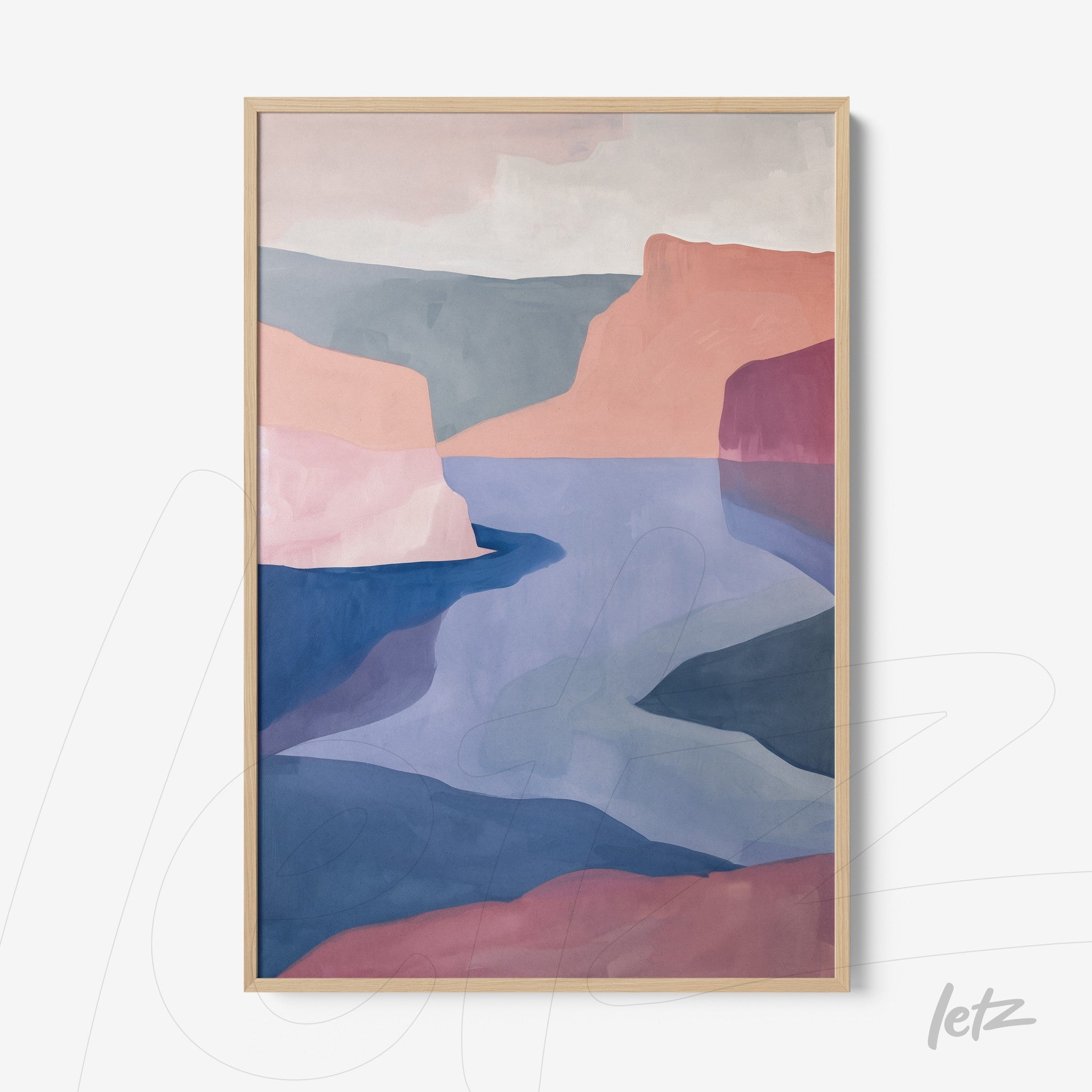 abstract landscape framed art in shades of pink and blue with light wood frame