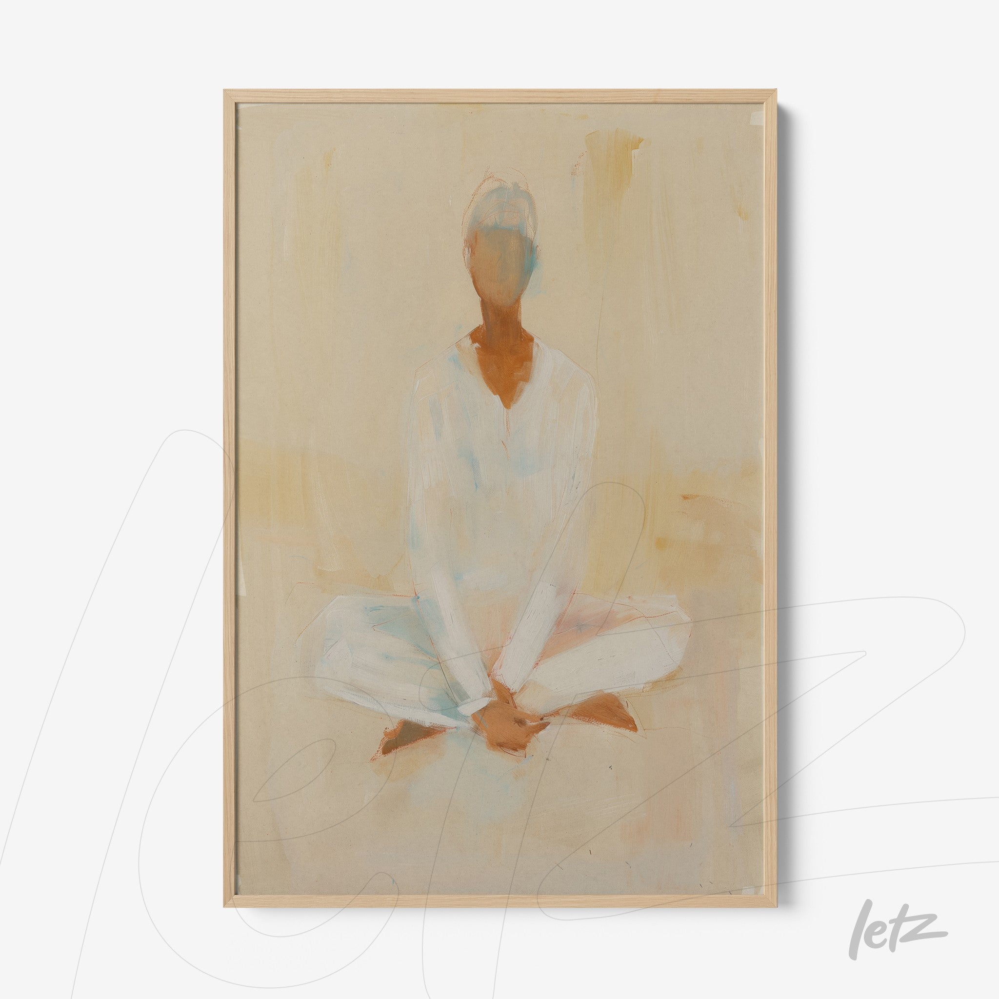 framed abstract art of a seated figure in meditation pose with a light frame