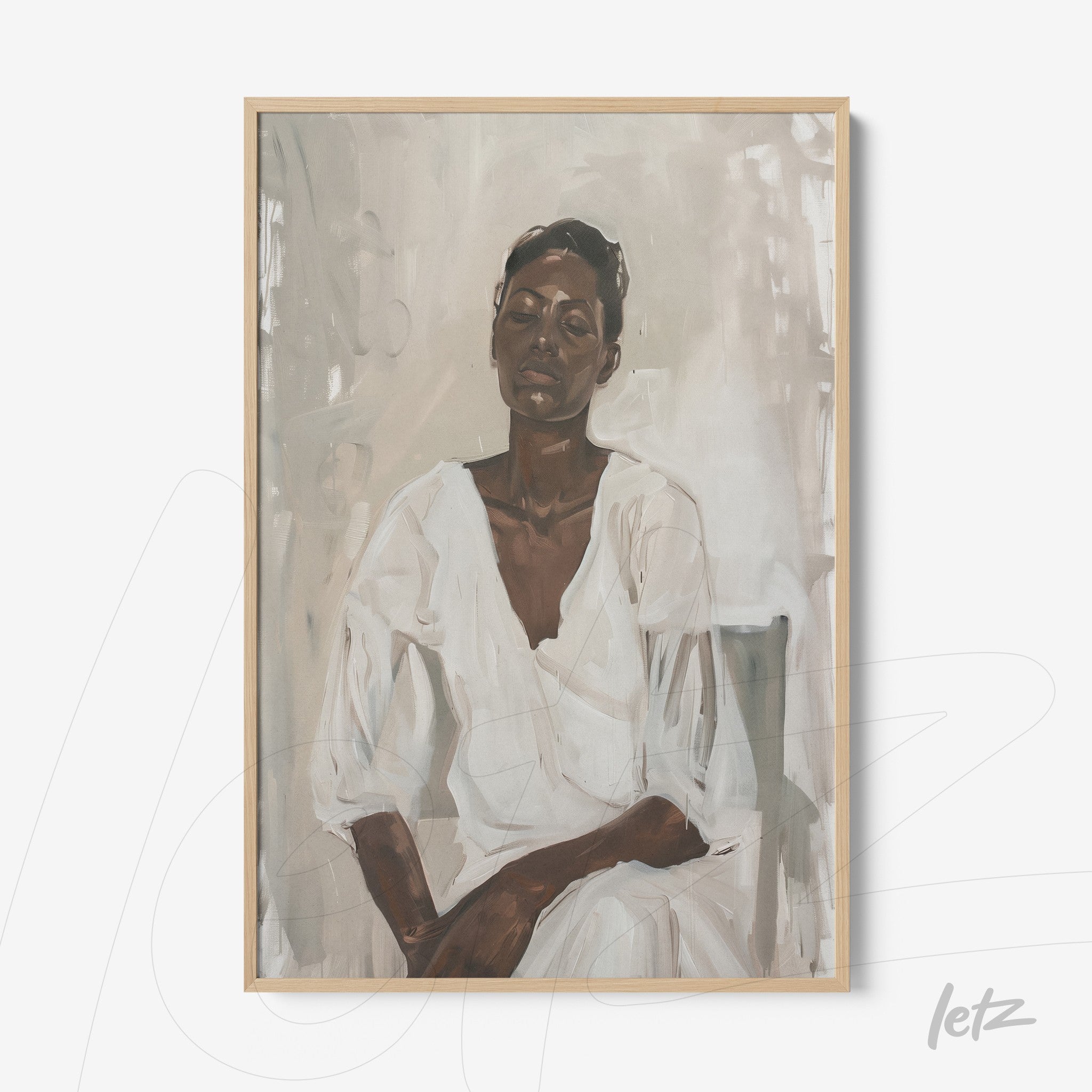 framed contemporary portrait of a woman in white clothing with light wood frame and neutral background