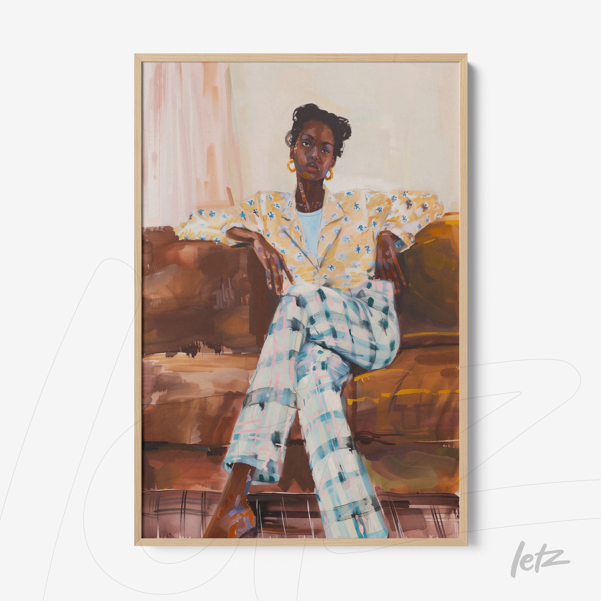 framed contemporary portrait of a seated woman on a couch wearing a patterned blazer and plaid trousers