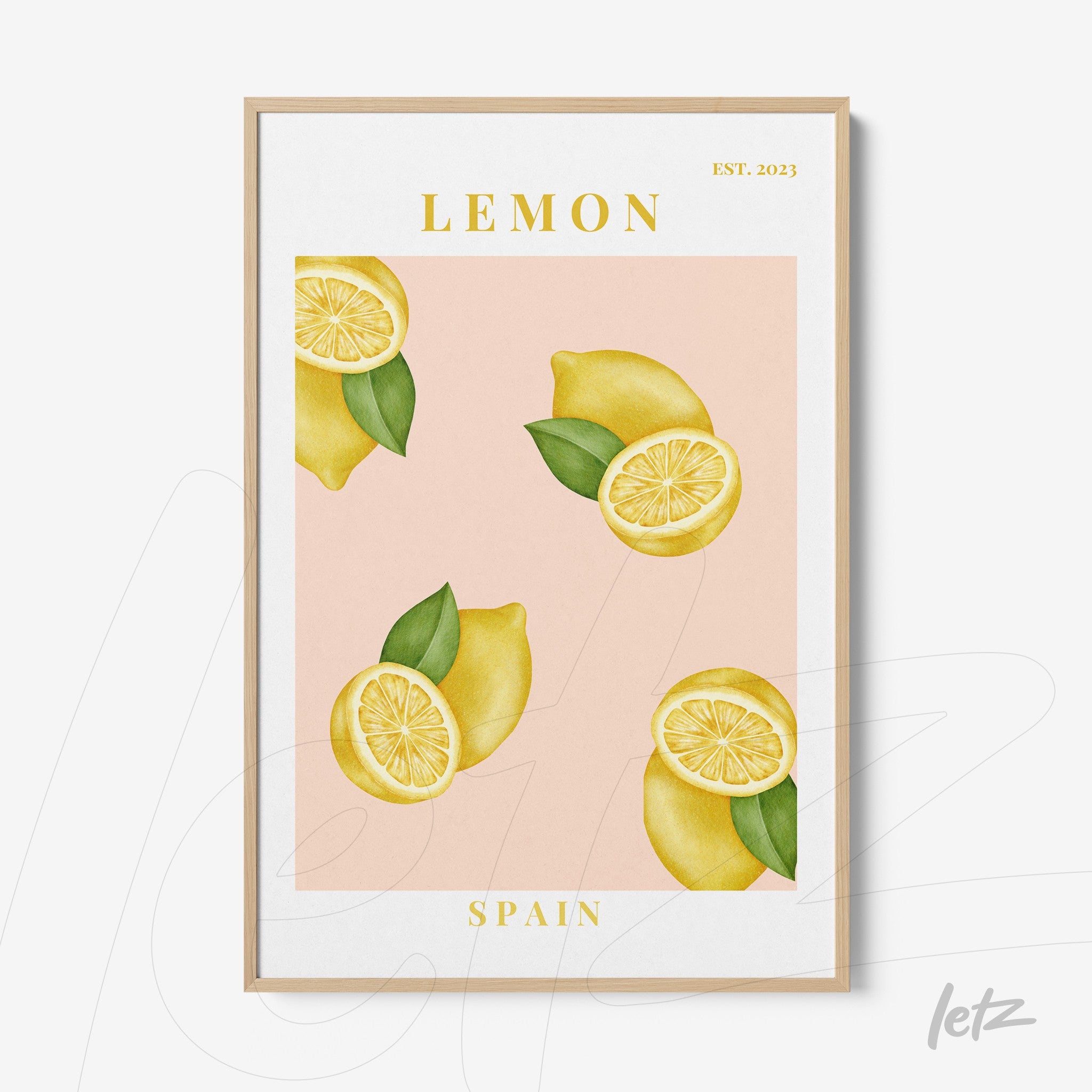 framed poster featuring lemon illustrations on pink background with clear frame and uppercase text