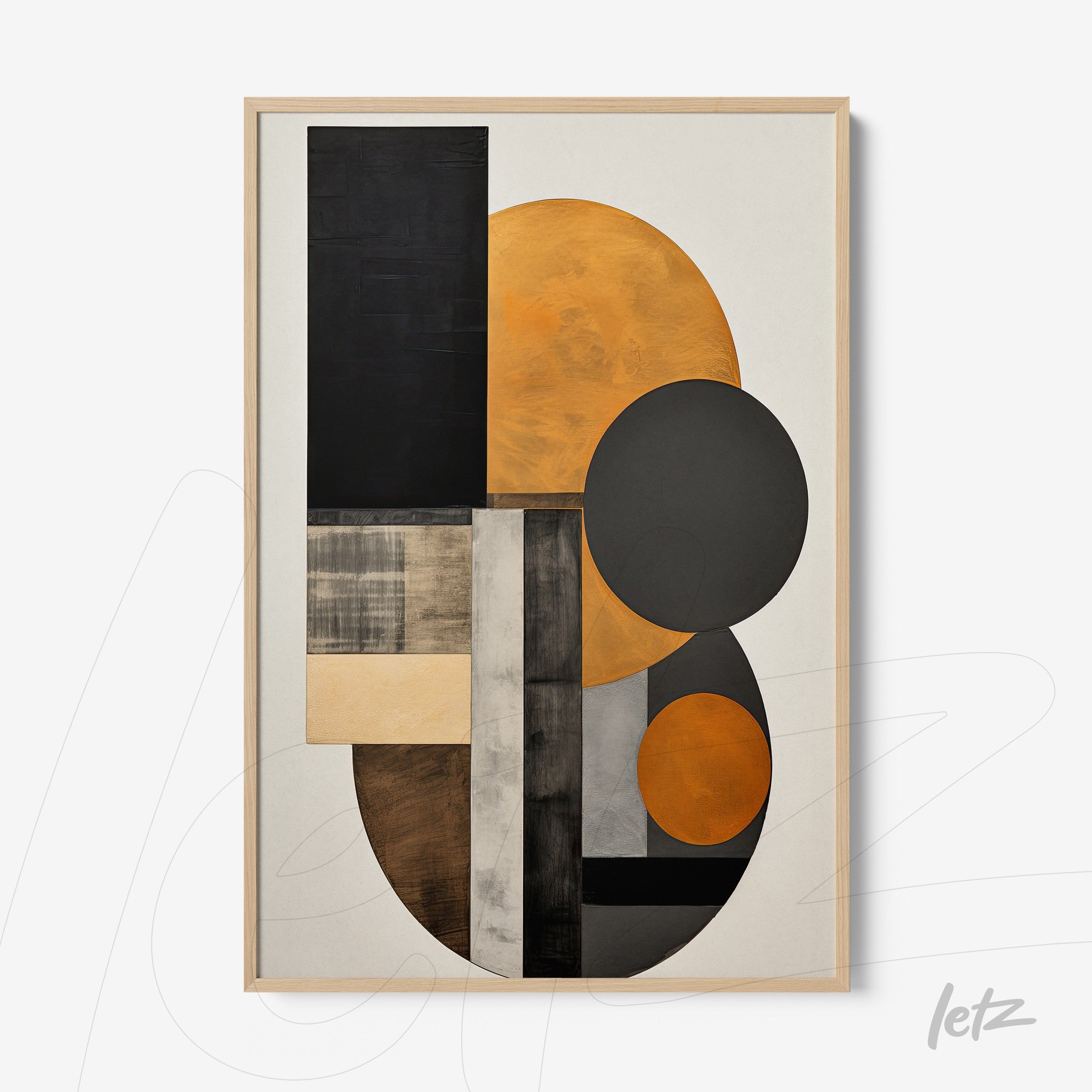 abstract wall art in orange, black, and gray featuring geometric shapes in a light wood frame