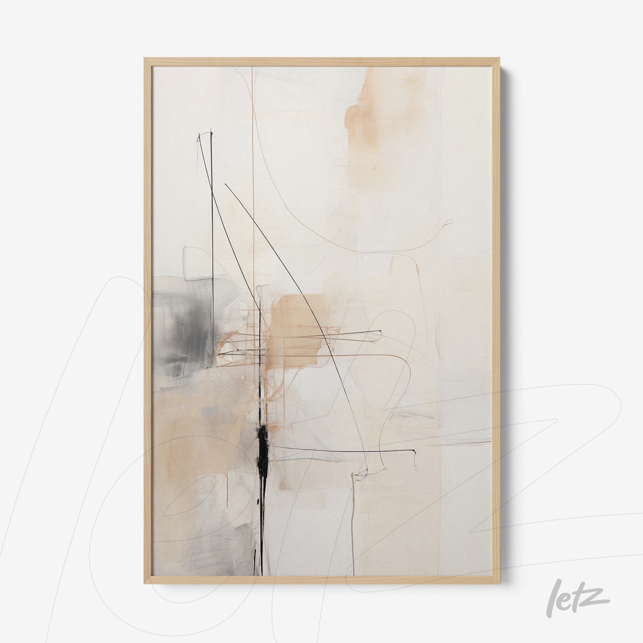 abstract wall art in neutral tones with black and beige lines, framed in light wood