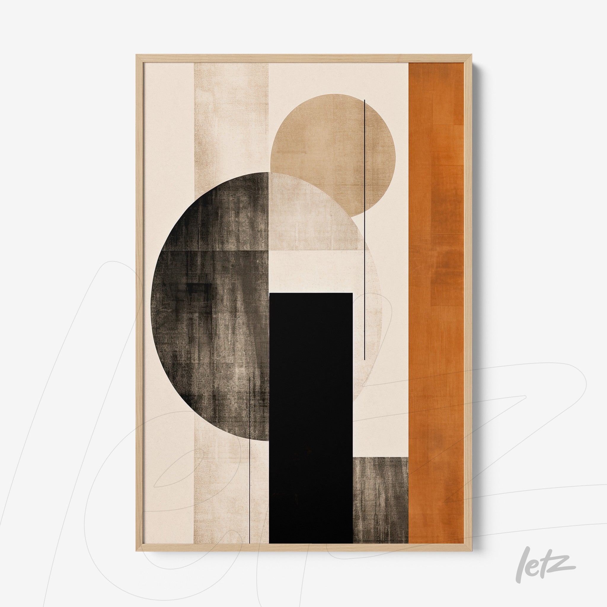 abstract artwork featuring earthy tones with geometric shapes in black, beige, and orange framed in light wood