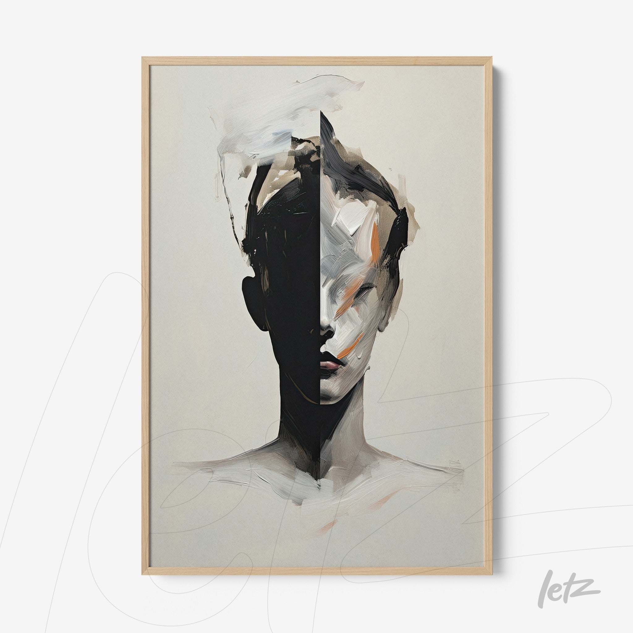 abstract wall art in neutral tones depicting a split face in a light frame