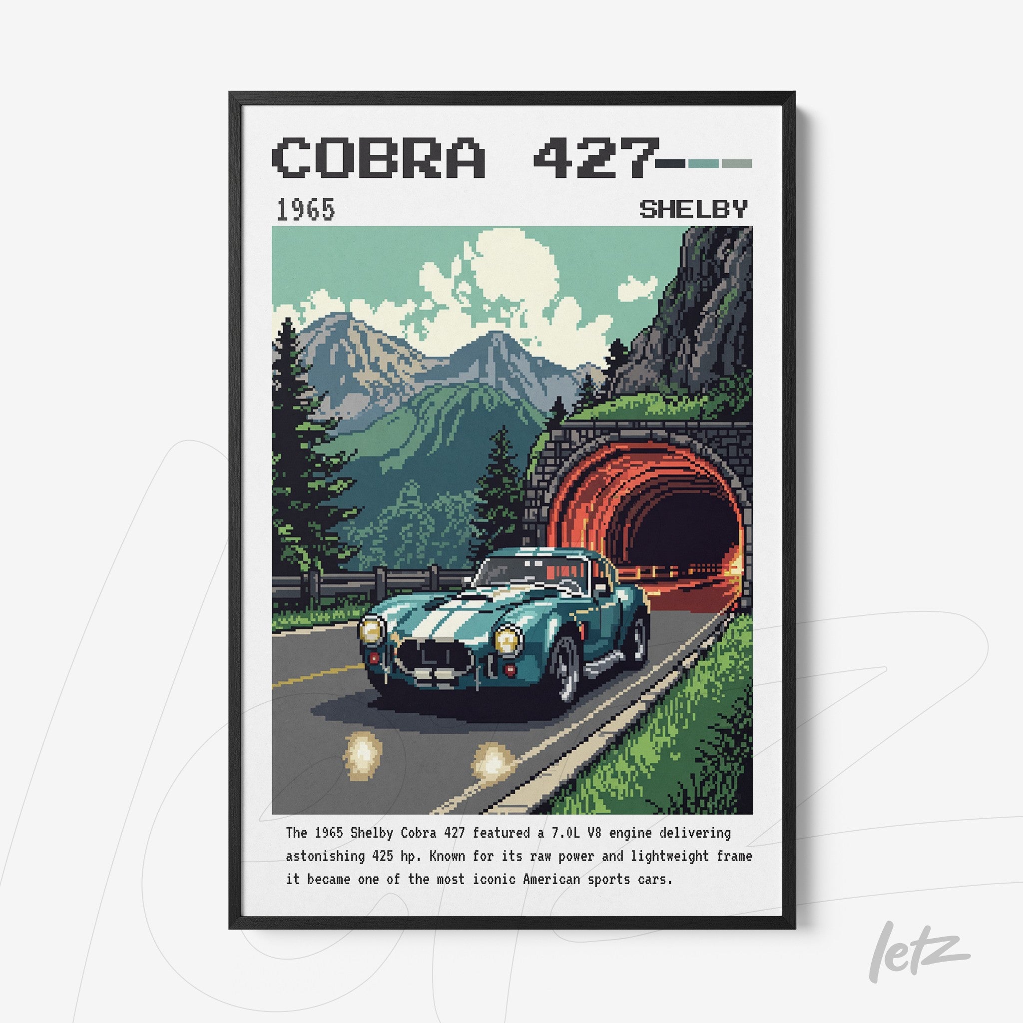 framed artwork of a retro style cobra 427 sports car with a mountainous landscape in the background and a road leading into a tunnel