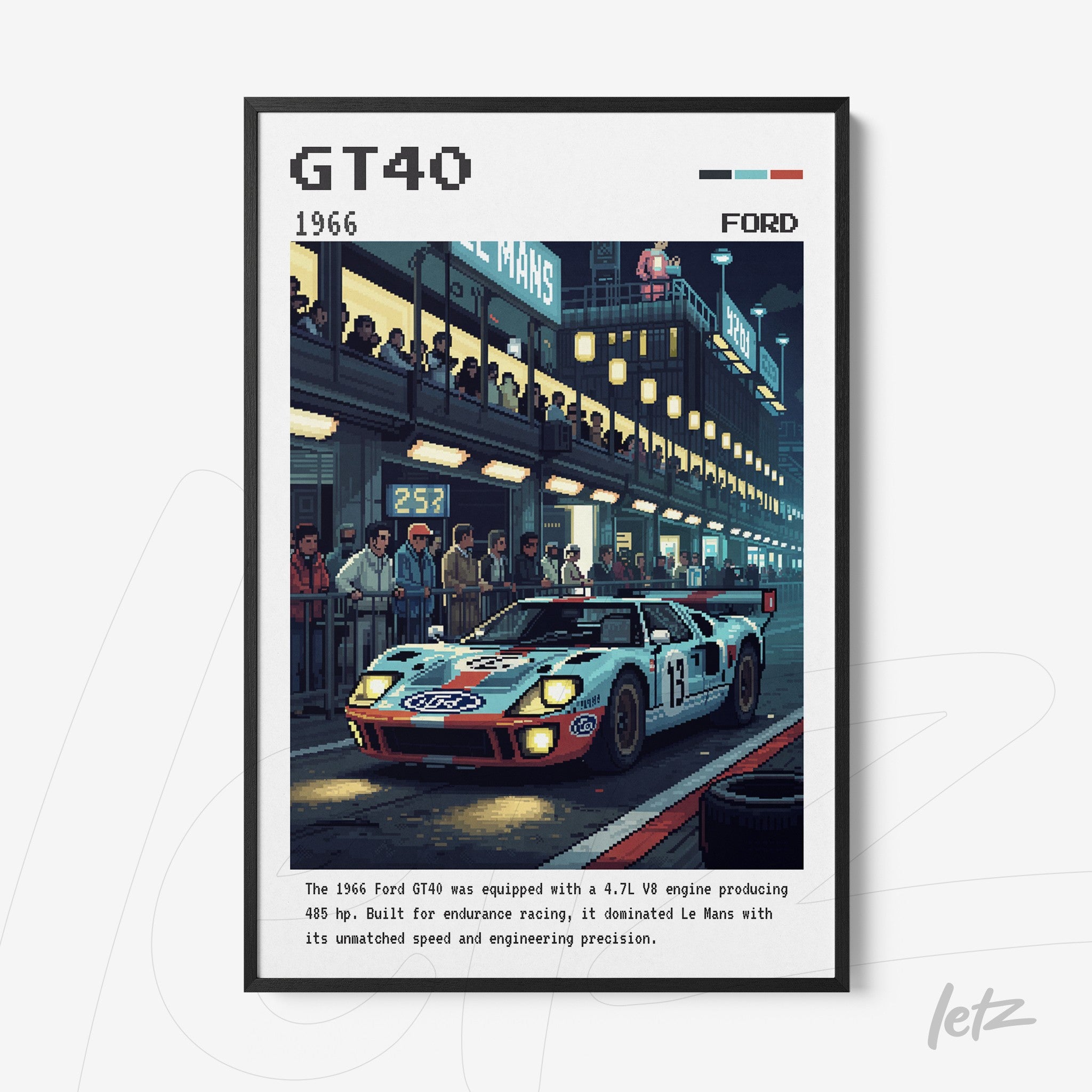 retro digital artwork of Ford GT40 racing car on track with black frame