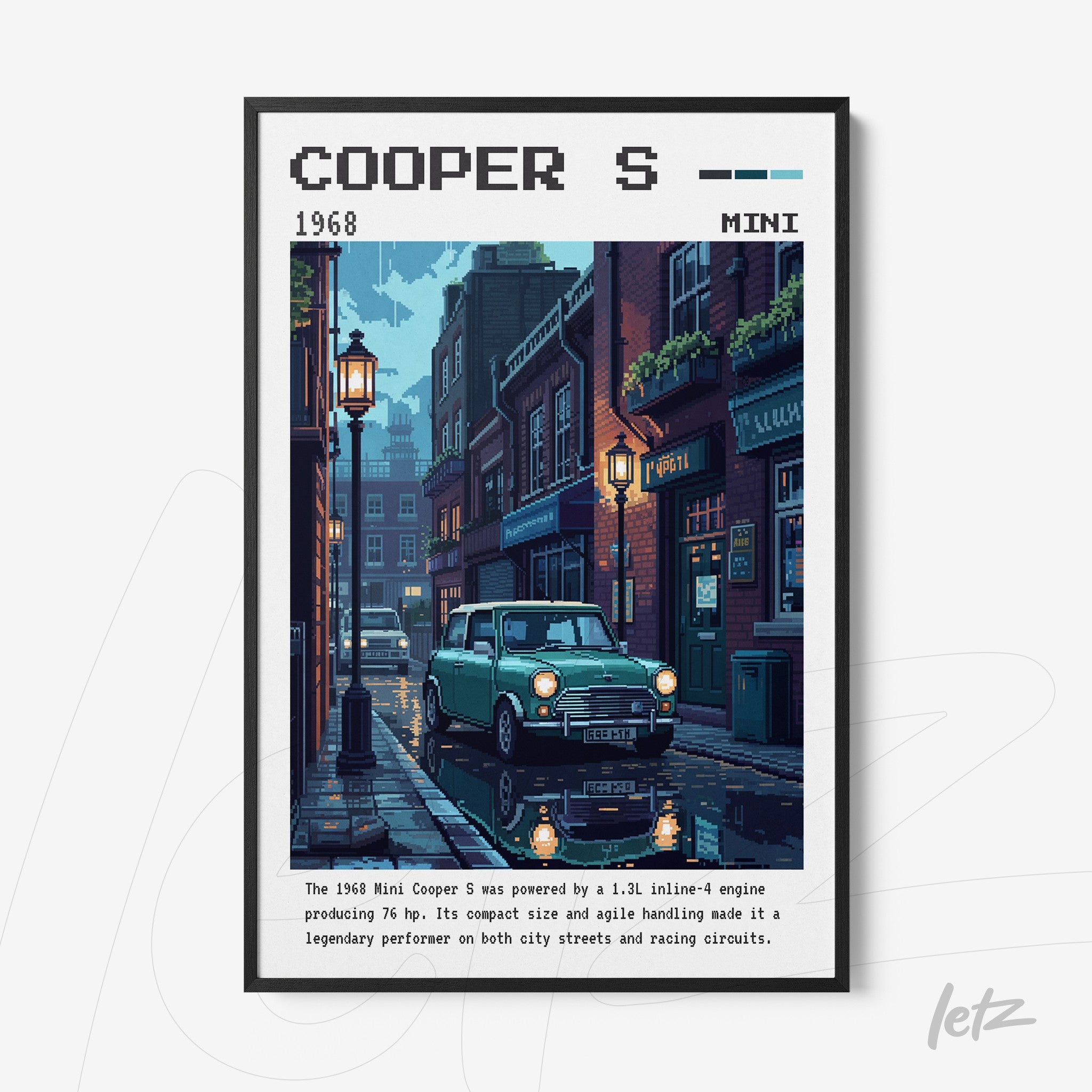 pixel art framed wall art featuring a Mini Cooper S parked on a cobblestone street illuminated by streetlamps