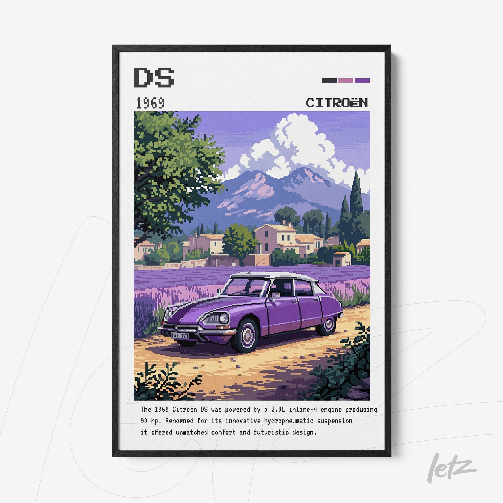 pixel art print of a 1969 Citroën DS in a purple countryside setting with mountains in the background and black frame