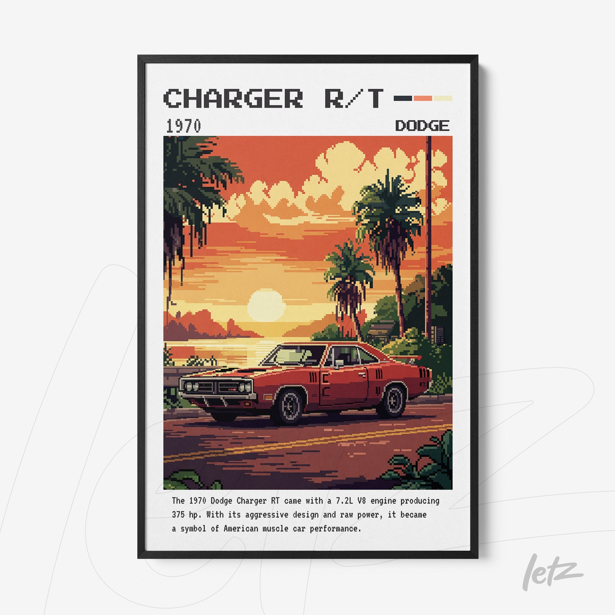 retro style digital artwork of 1970 Dodge Charger R/T in black frame