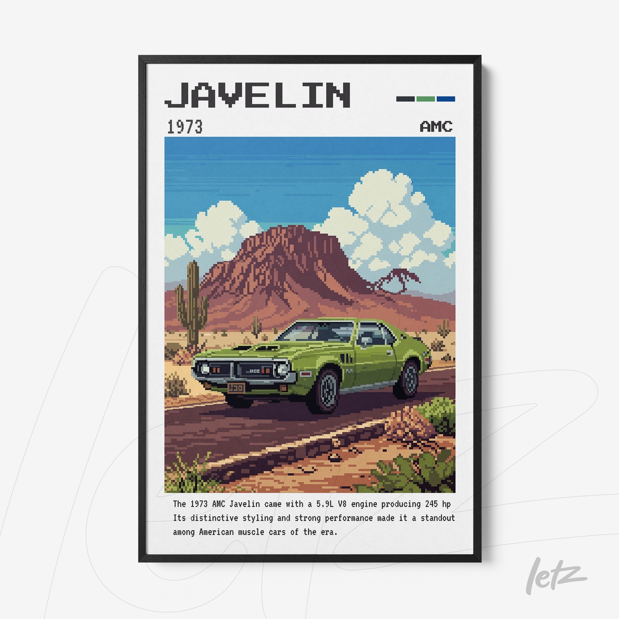 framed pixel art illustration of a 1973 AMC Javelin car set against a desert background with mountains