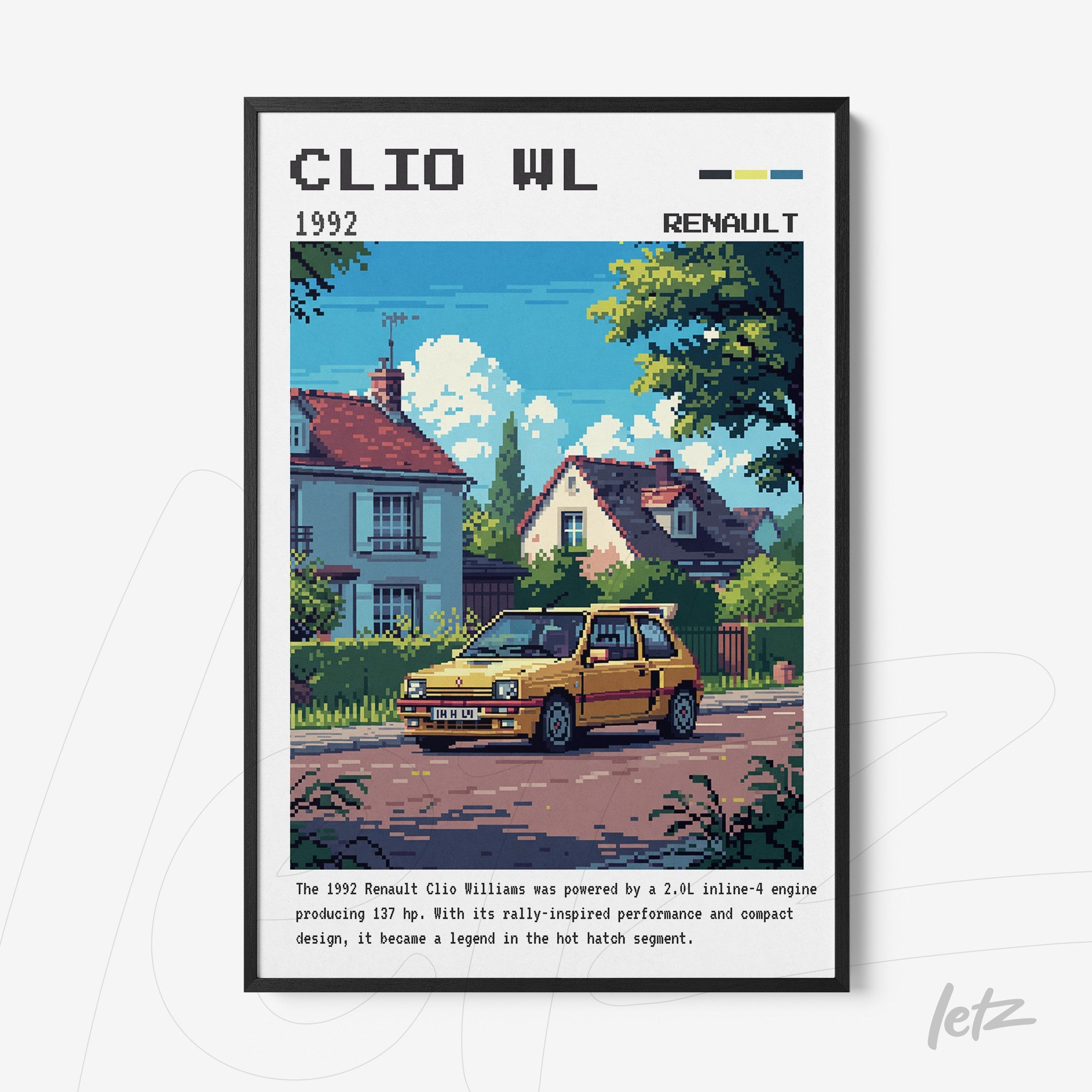 pixel art framed illustration of Renault Clio Williams car in front of a house with garden