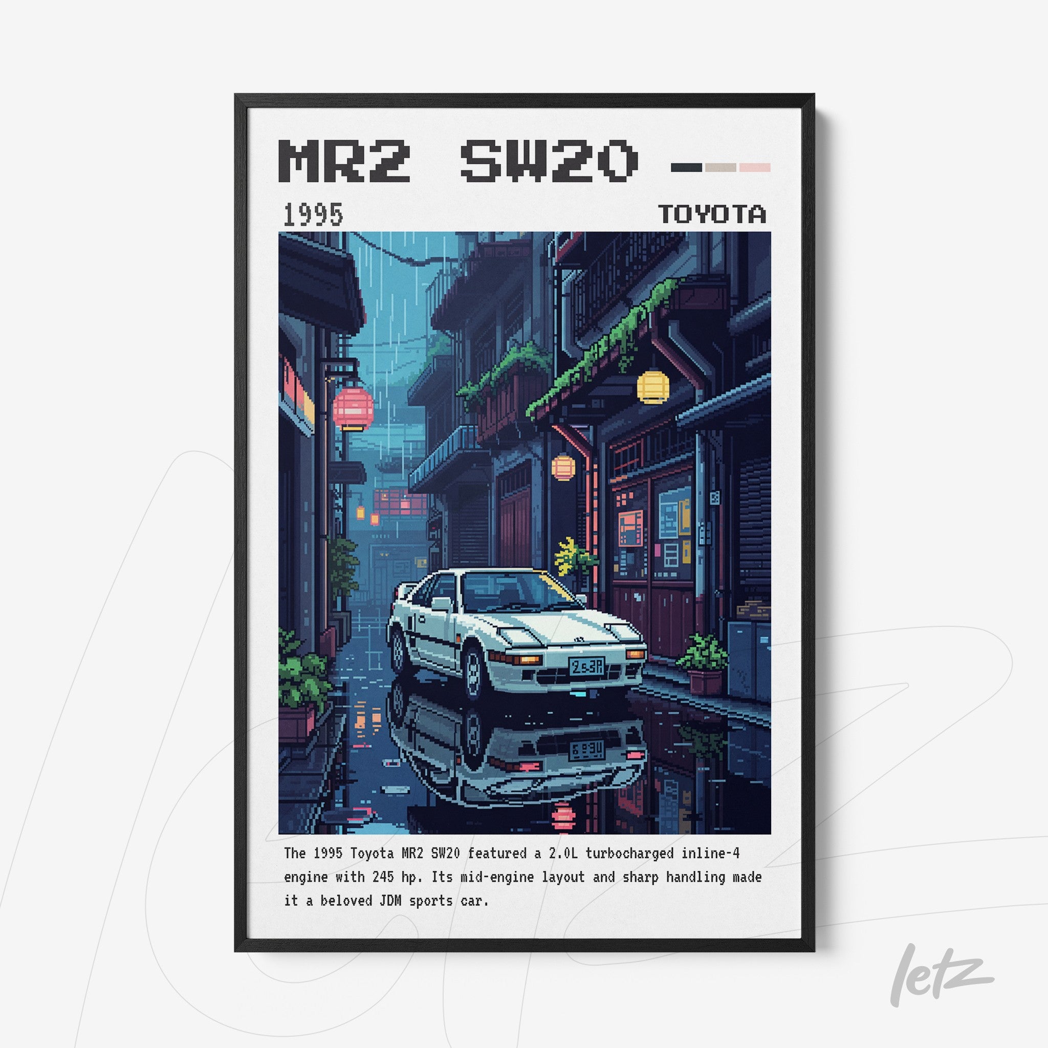 digital artwork of a 1995 Toyota MR2 SW20 sports car set in a neon-lit city environment