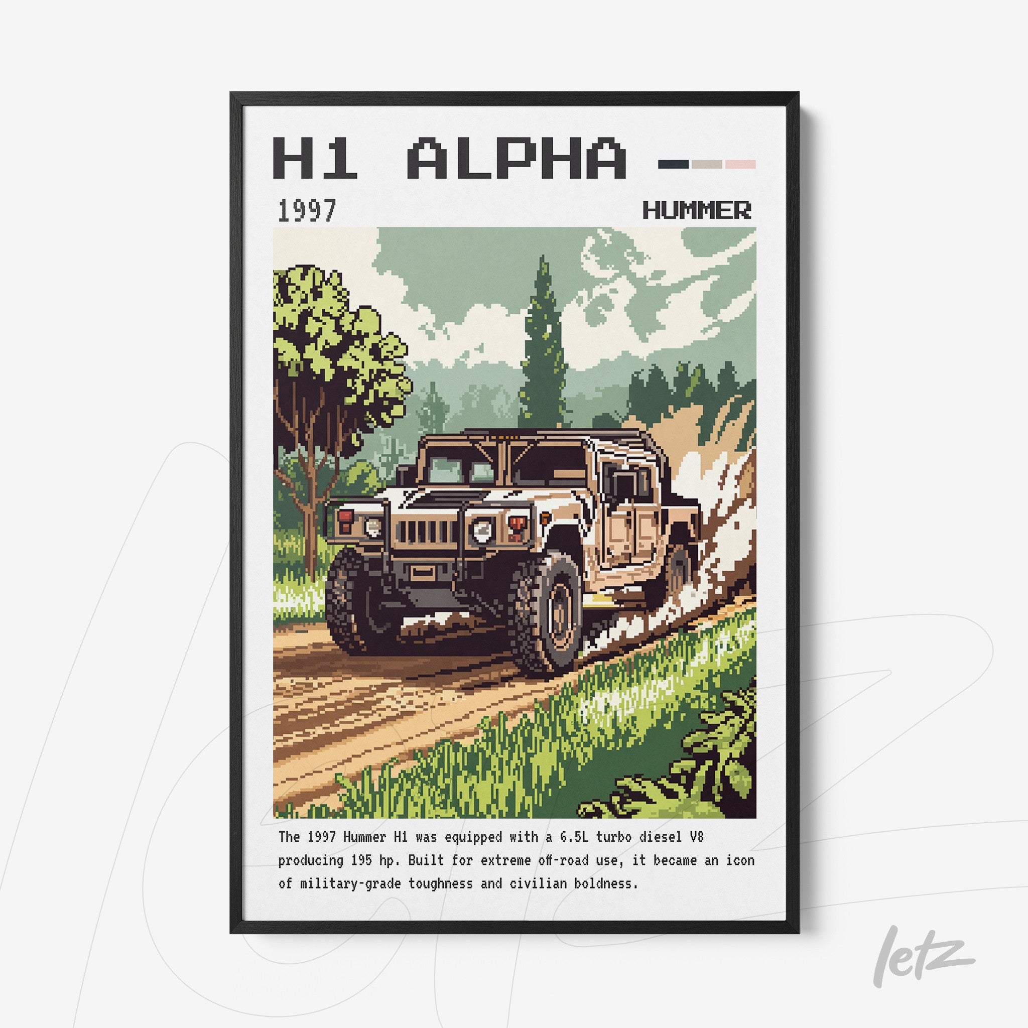 retro style digital art of a 1997 Hummer H1 driving through a natural setting with pixel art details and lush vegetation in the background