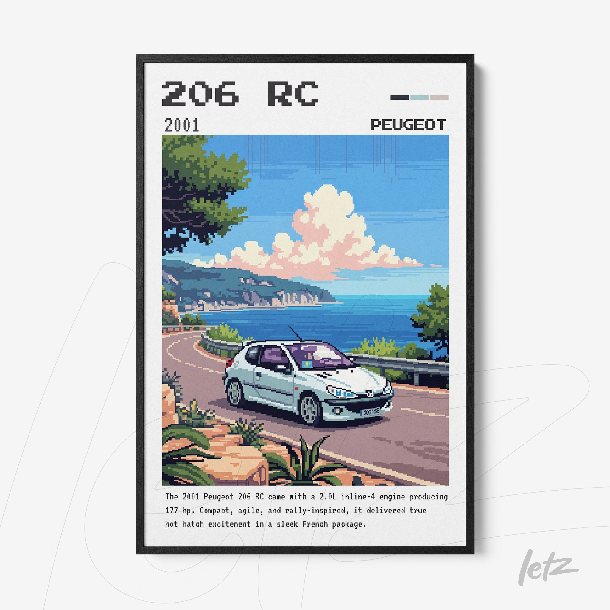 framed digital art of Peugeot 206 RC with coastal landscape background