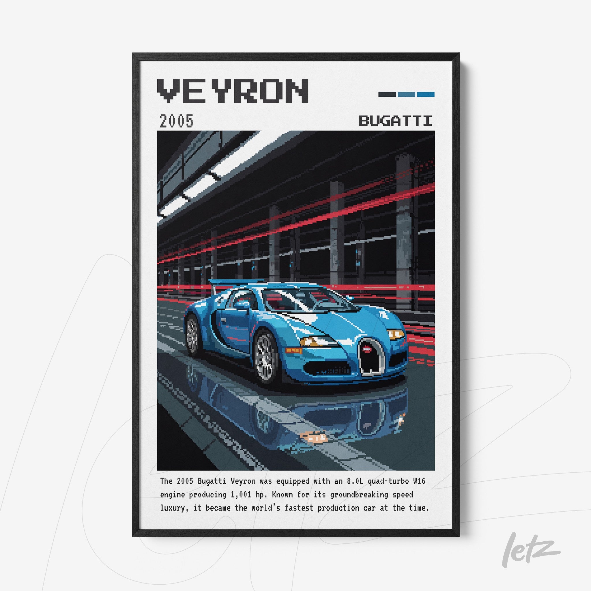pixel art of a blue Bugatti Veyron in a nighttime urban setting with motion lights