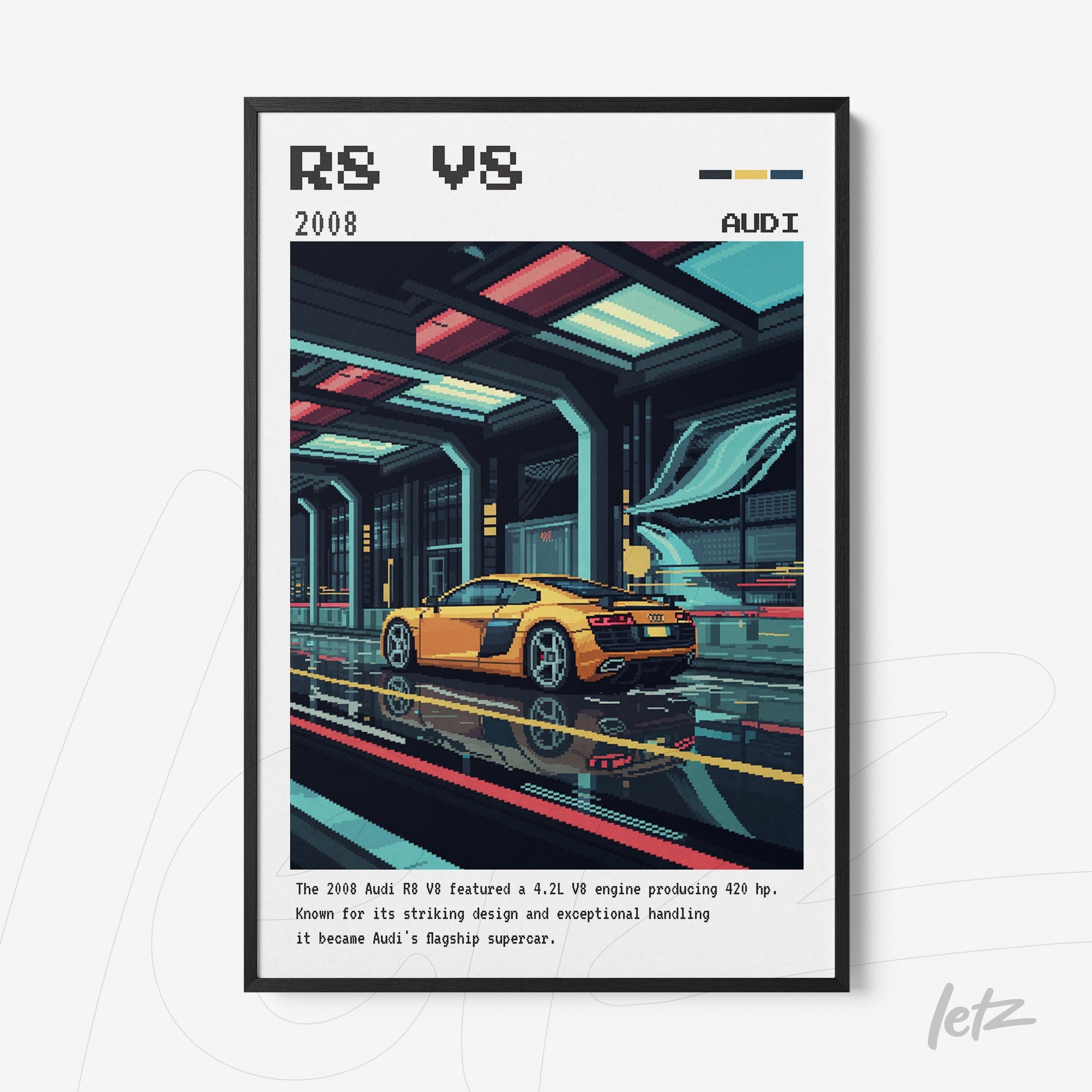 retro style wall art featuring a yellow Audi R8 sports car in a sleek black frame with a futuristic garage background