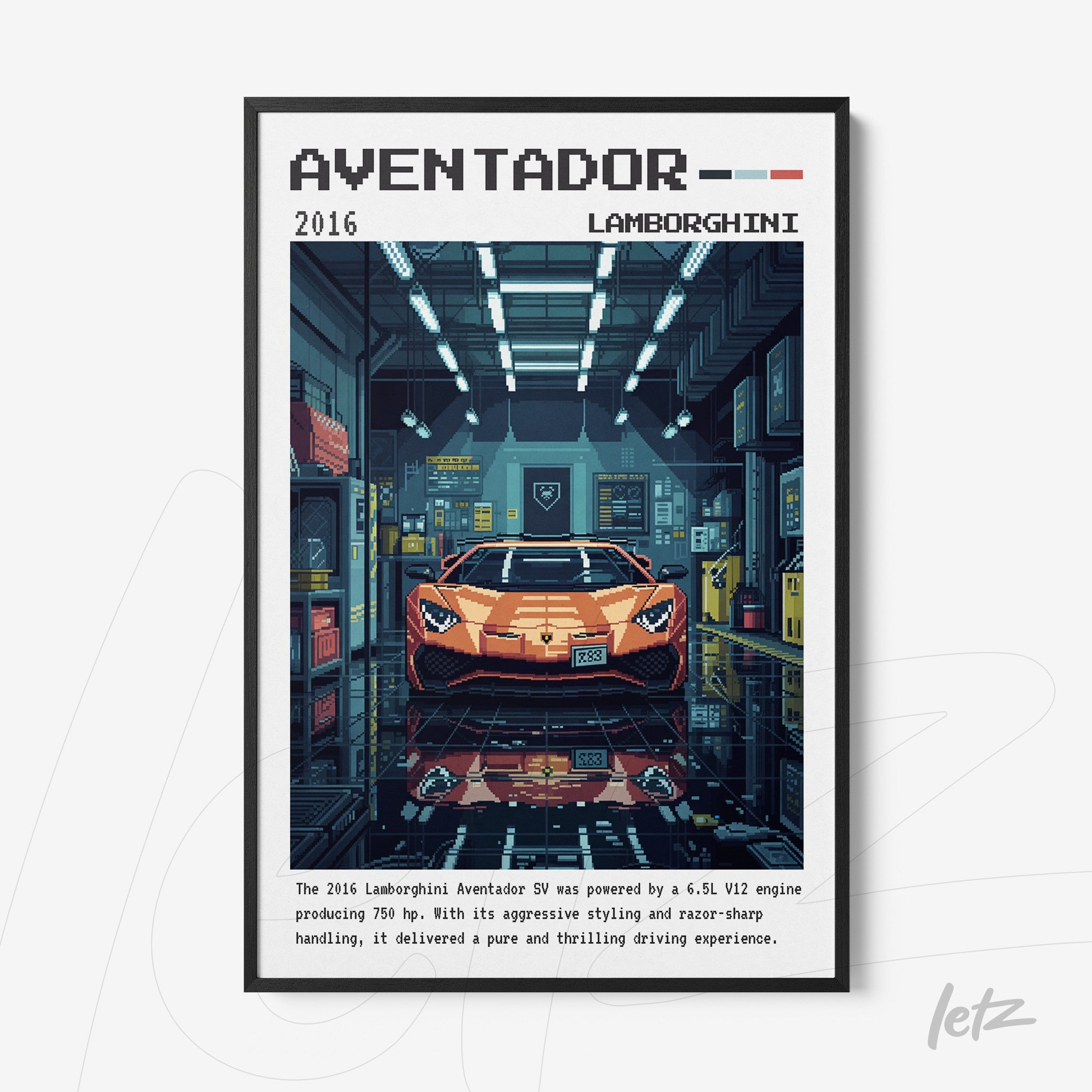 framed artwork of a Lamborghini Aventador displayed in a stylized garage setting