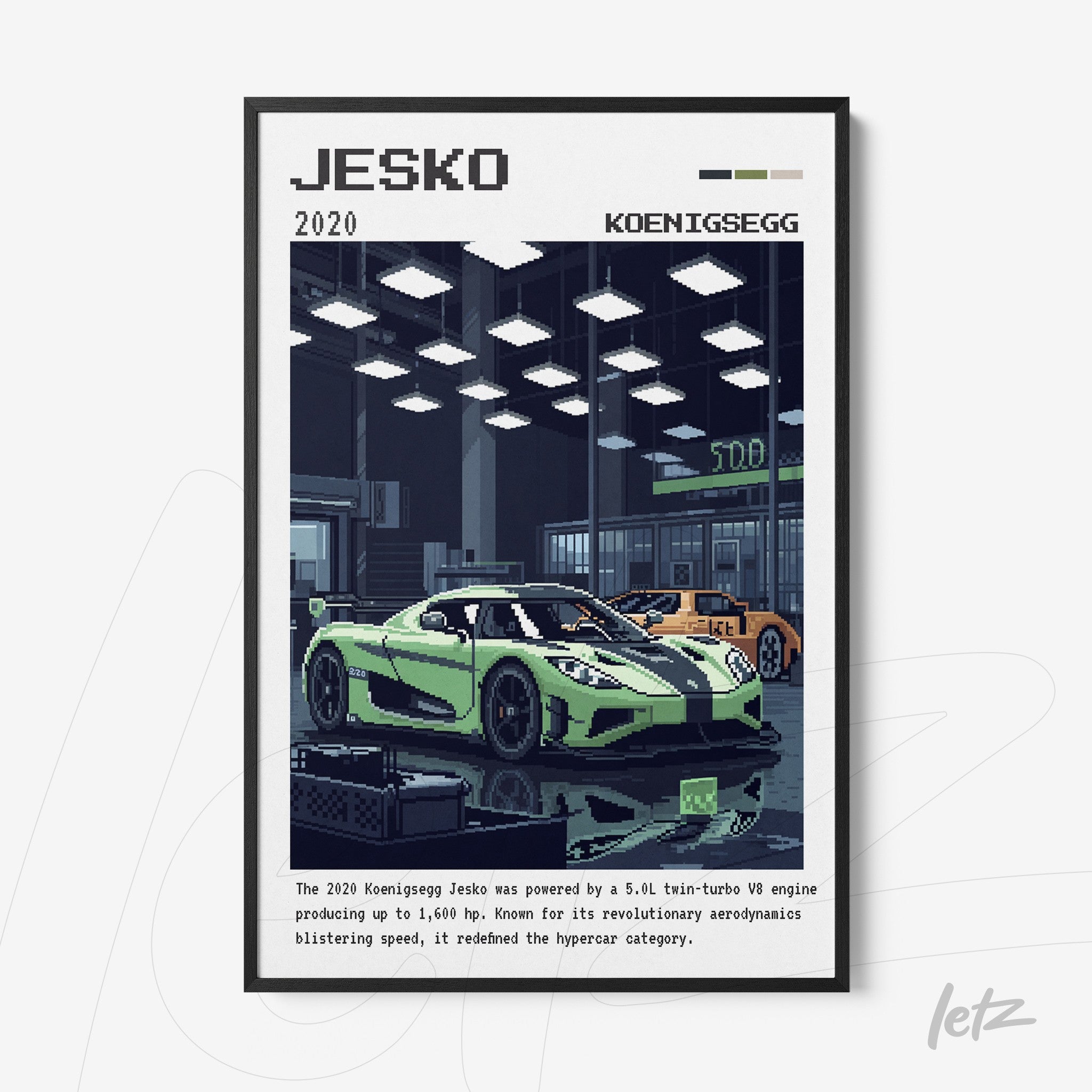 pixel art framed wall art of a Koenigsegg Jesko supercar with black frame and workshop background details