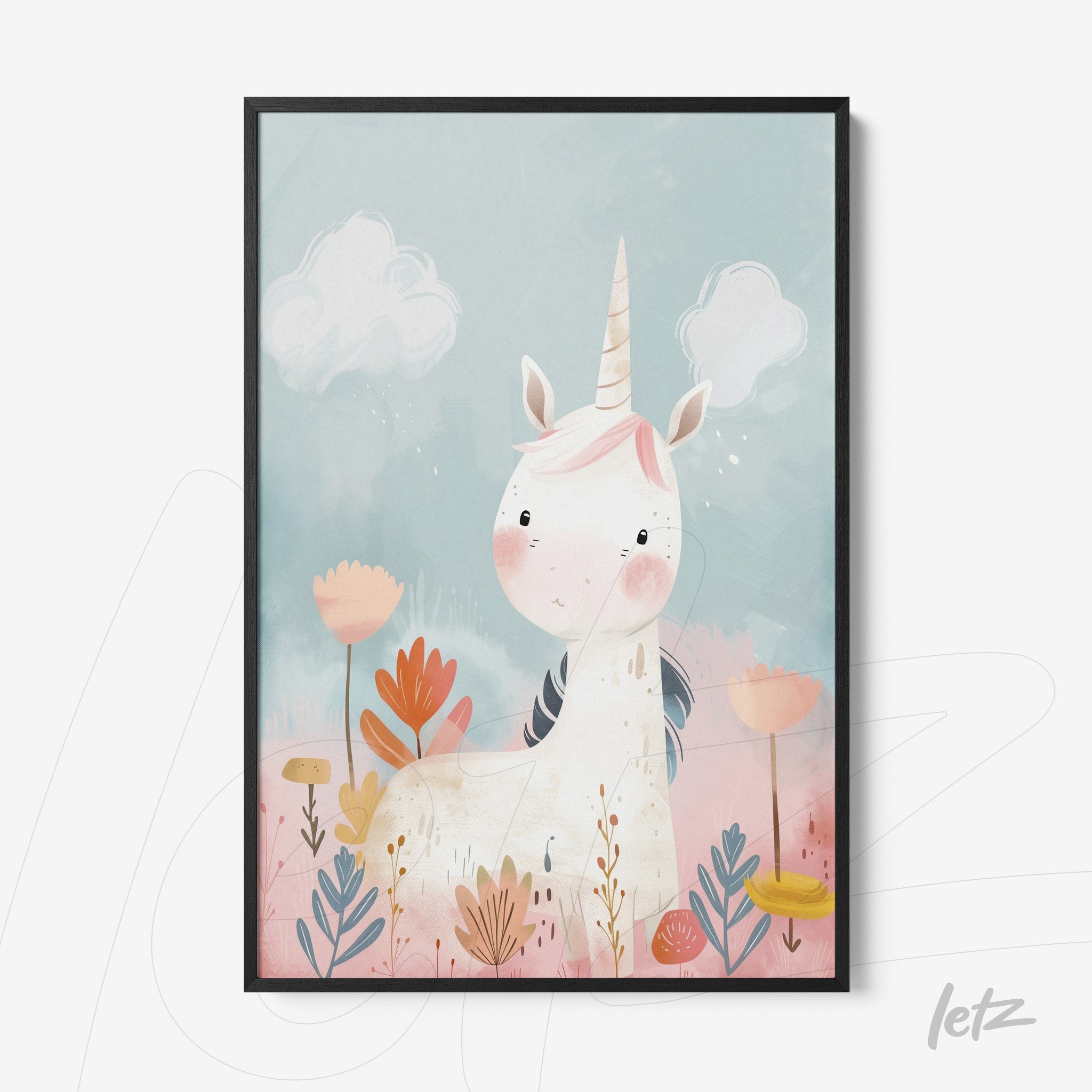 framed art print of a unicorn in soft background surrounded by colorful flowers and white clouds