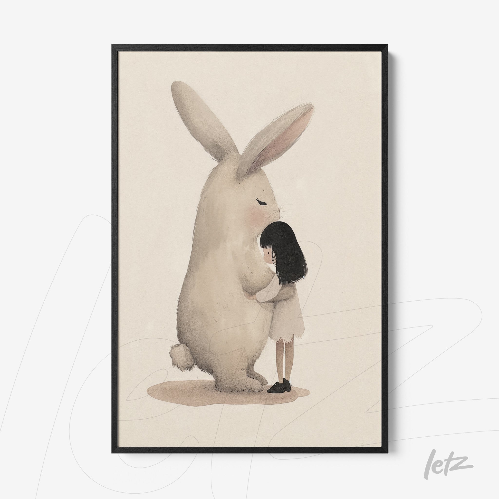 framed illustration of a girl hugging a giant rabbit with a black frame