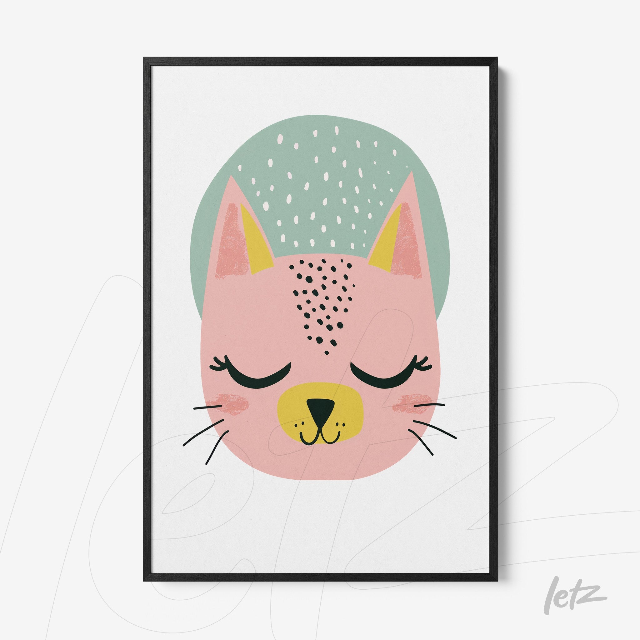 framed wall art featuring a stylized cat illustration with pink fur and closed eyes on a white background
