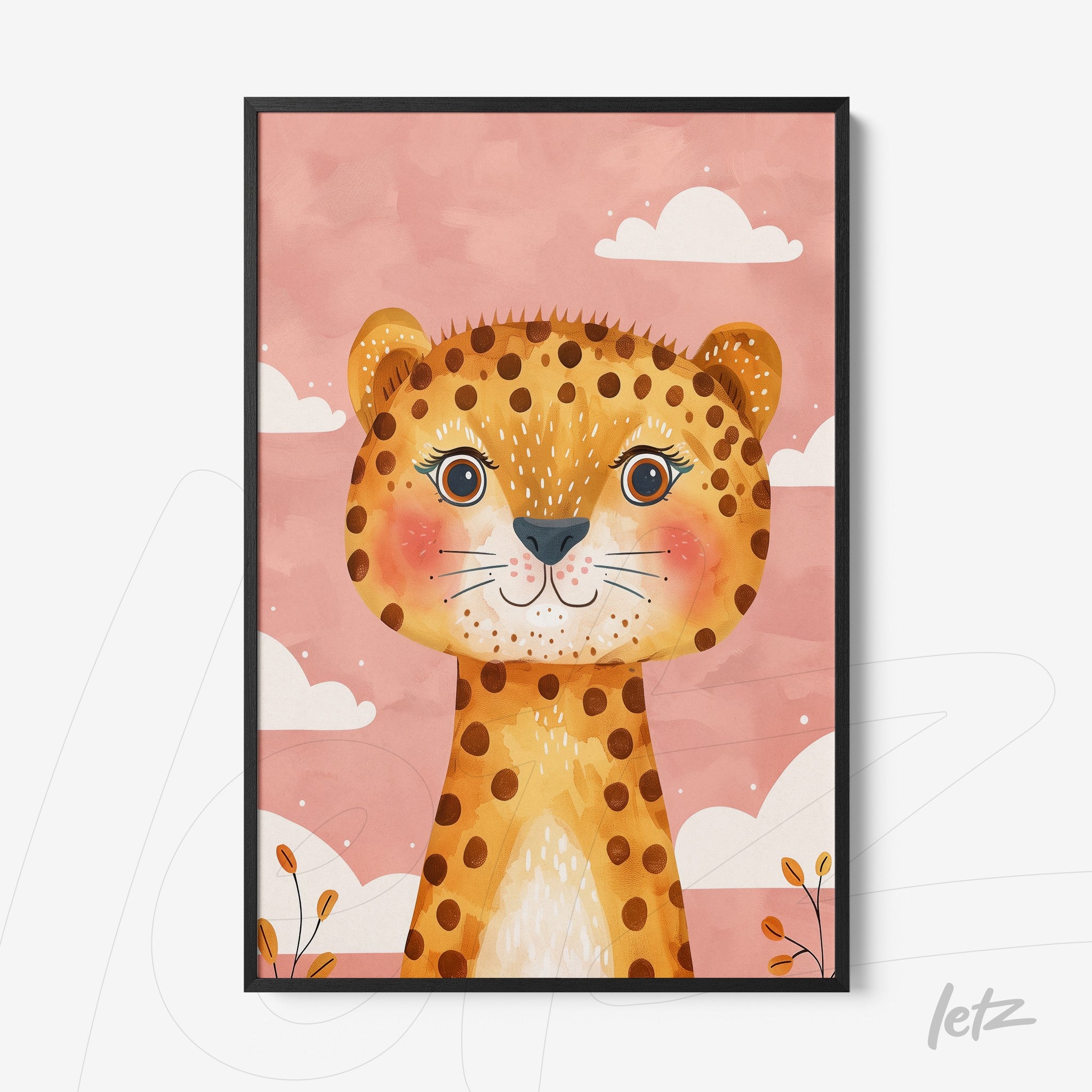 framed wall art featuring a cute lion cub illustration with a pink background and white clouds
