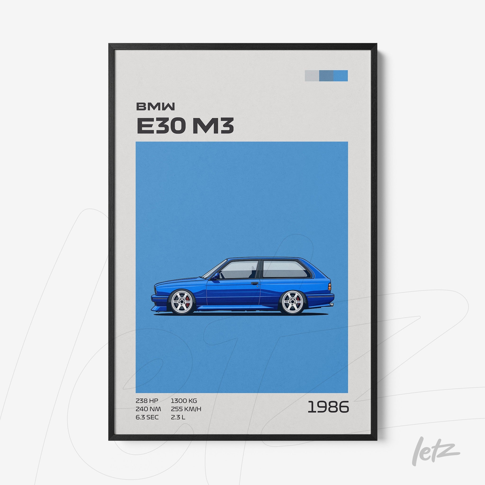 framed wall art featuring a stylized illustration of a blue BMW E30 M3 on a vibrant background