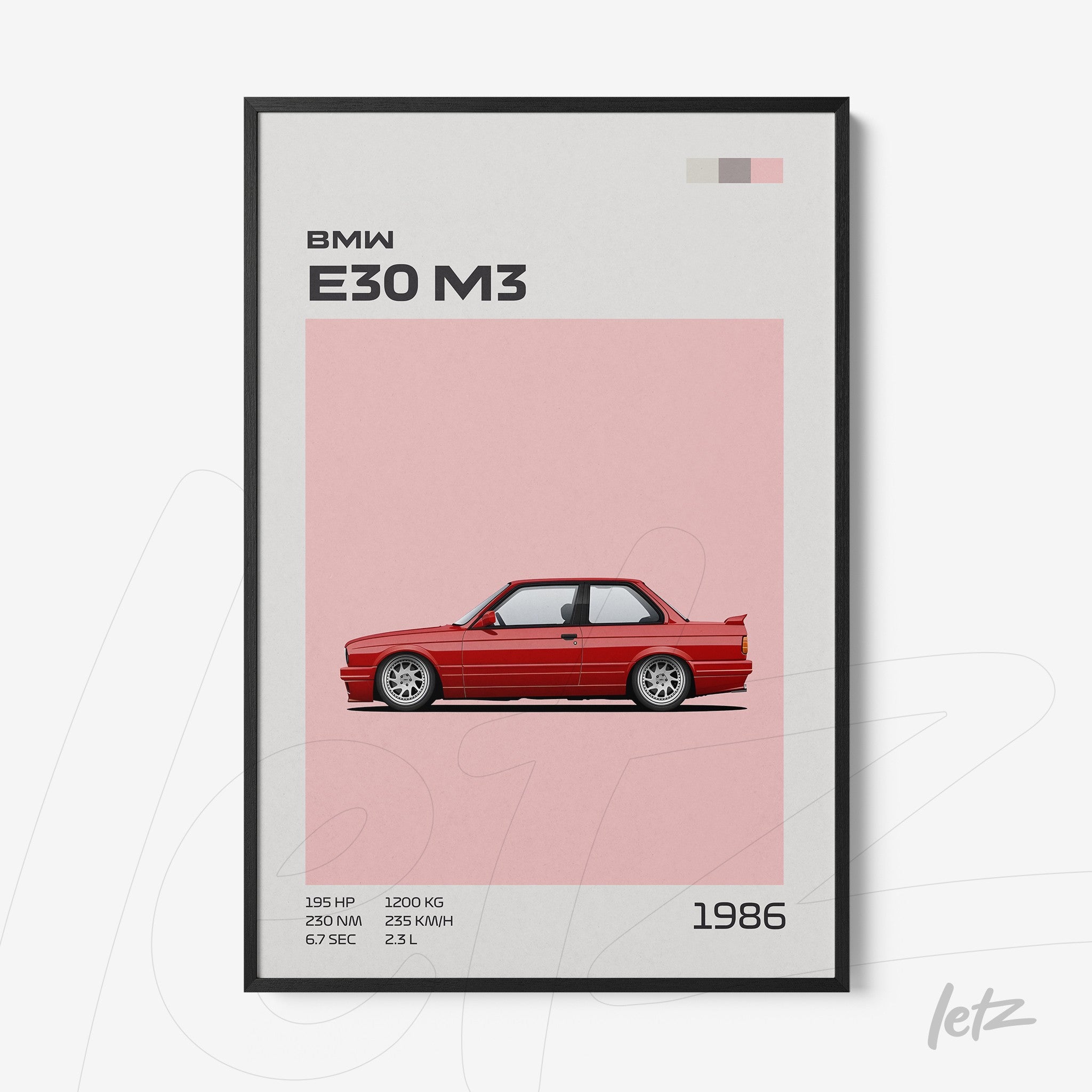 framed minimalist art print of BMW E30 M3 car on soft pink background with black frame and gray details