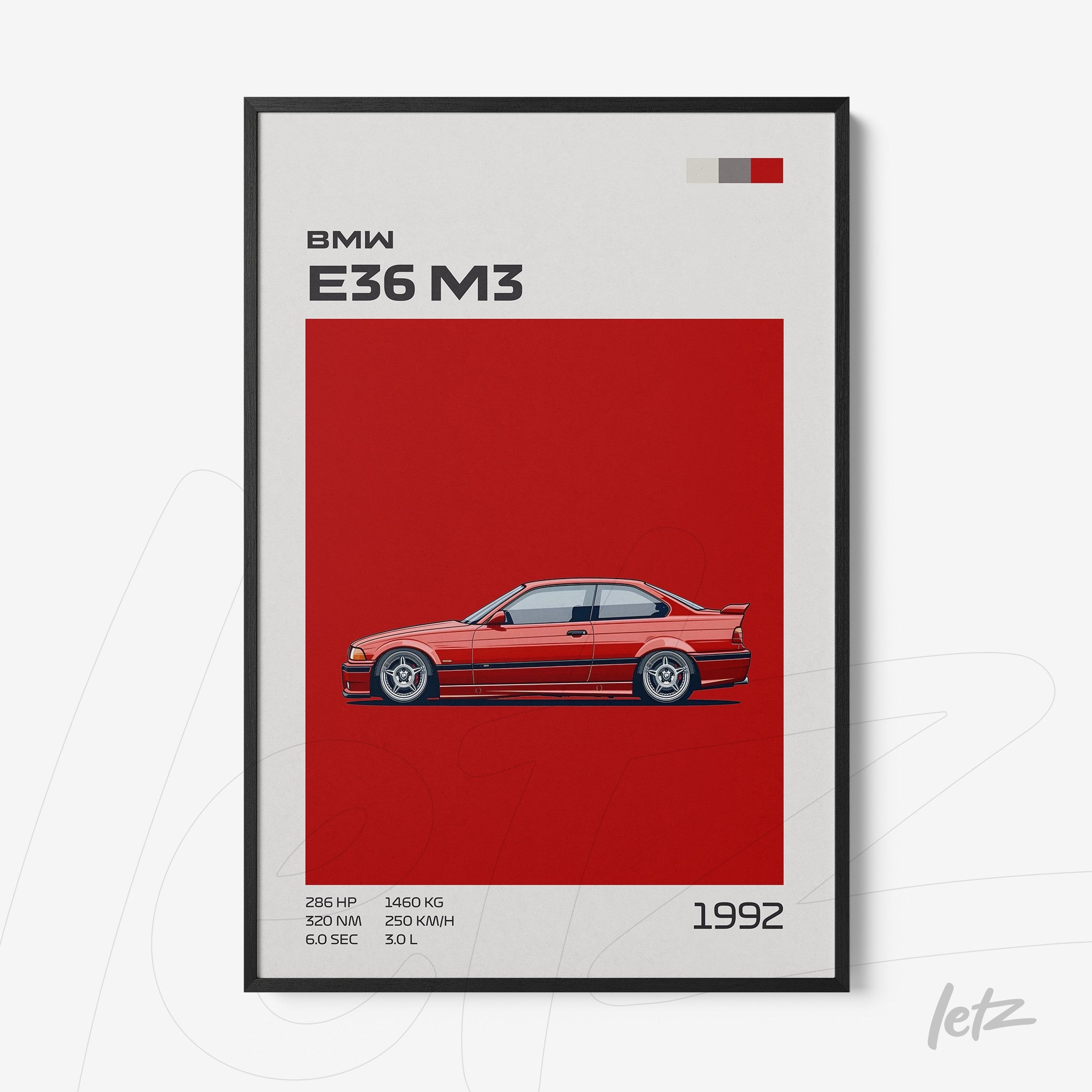 framed artwork featuring the BMW E36 M3 in red background and black frame
