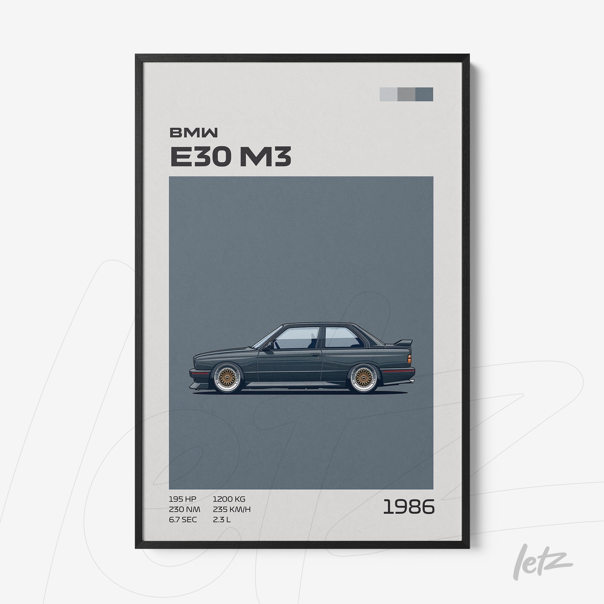 framed artwork featuring a stylized illustration of BMW E30 M3 with black frame
