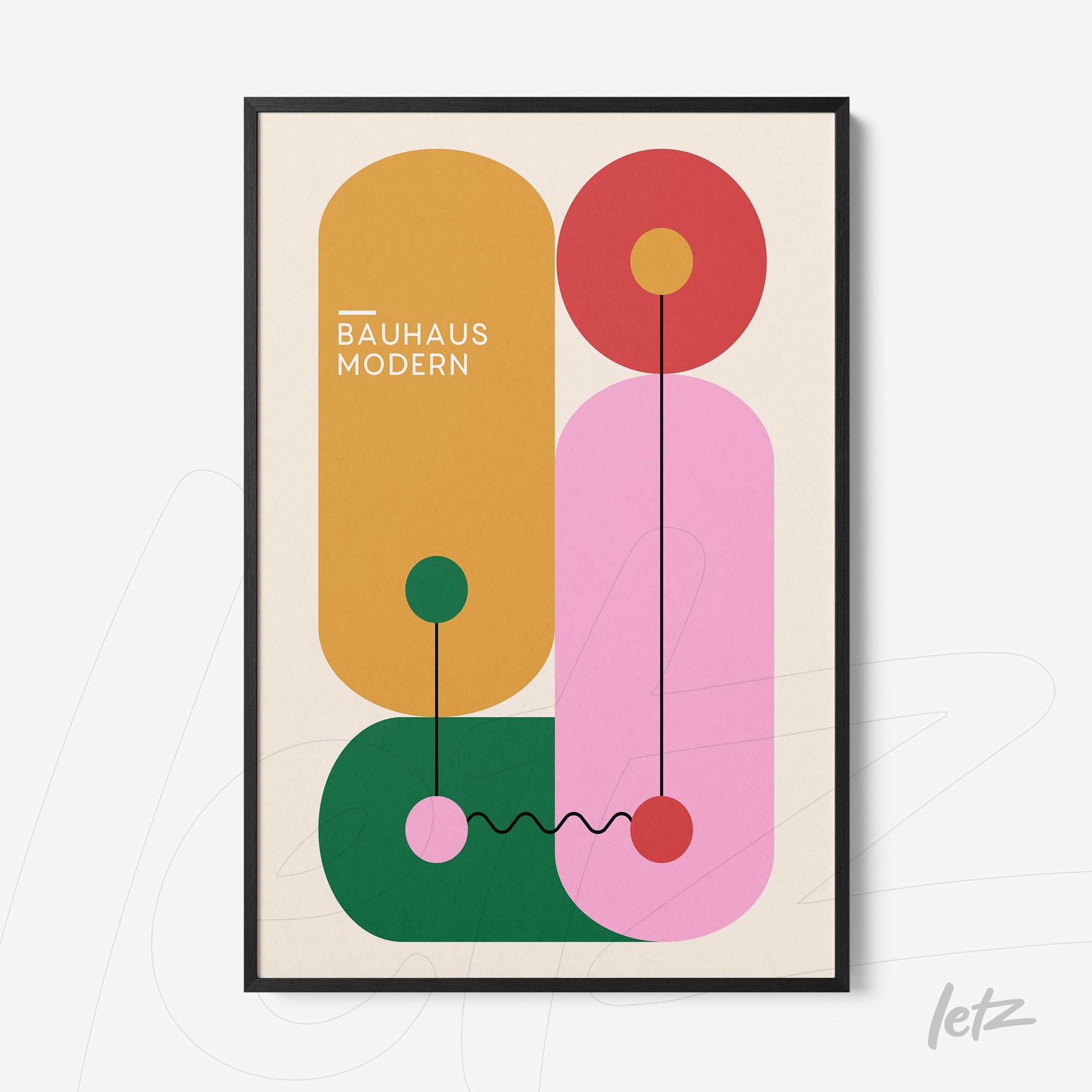 poster featuring abstract geometric shapes with vibrant colors and text 'bauhaus modern' displayed in a black frame