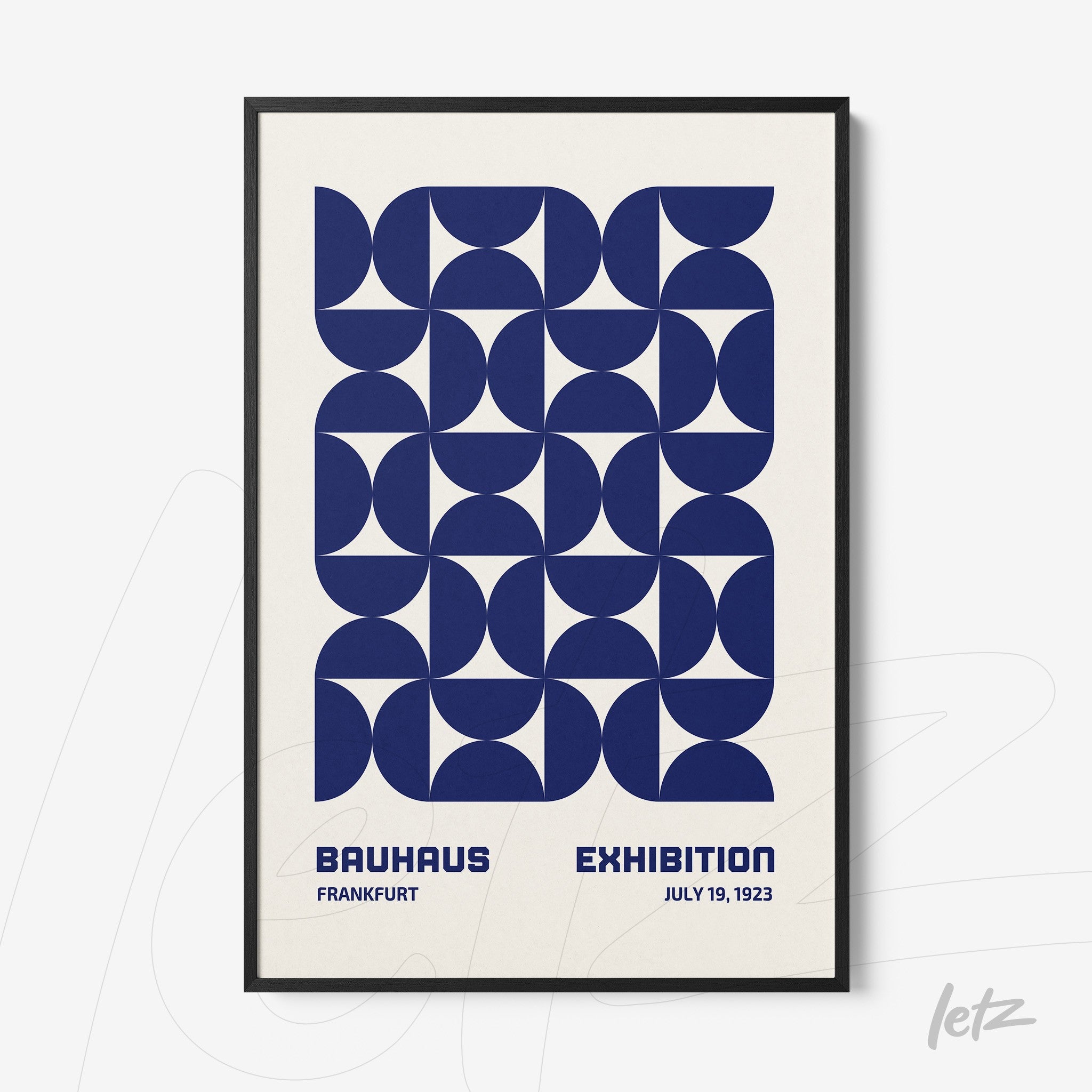 abstract poster with blue geometric shapes in thin black frame