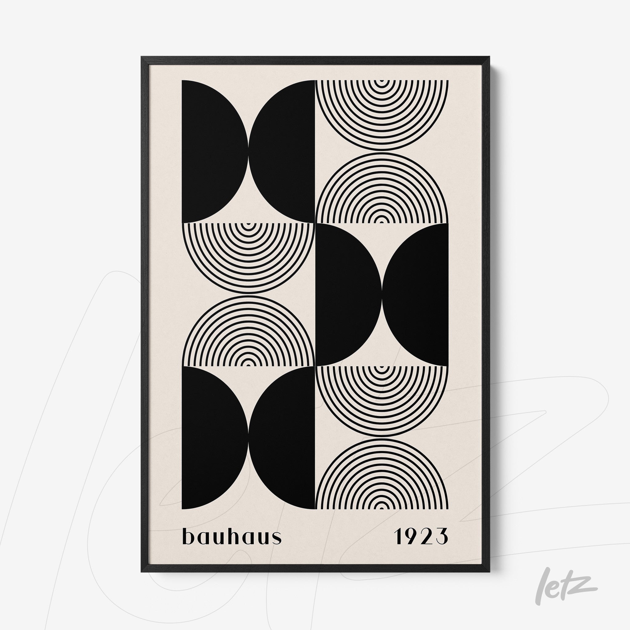 modern bauhaus style black and white art with concentric geometric lines, black frame and the year 1923