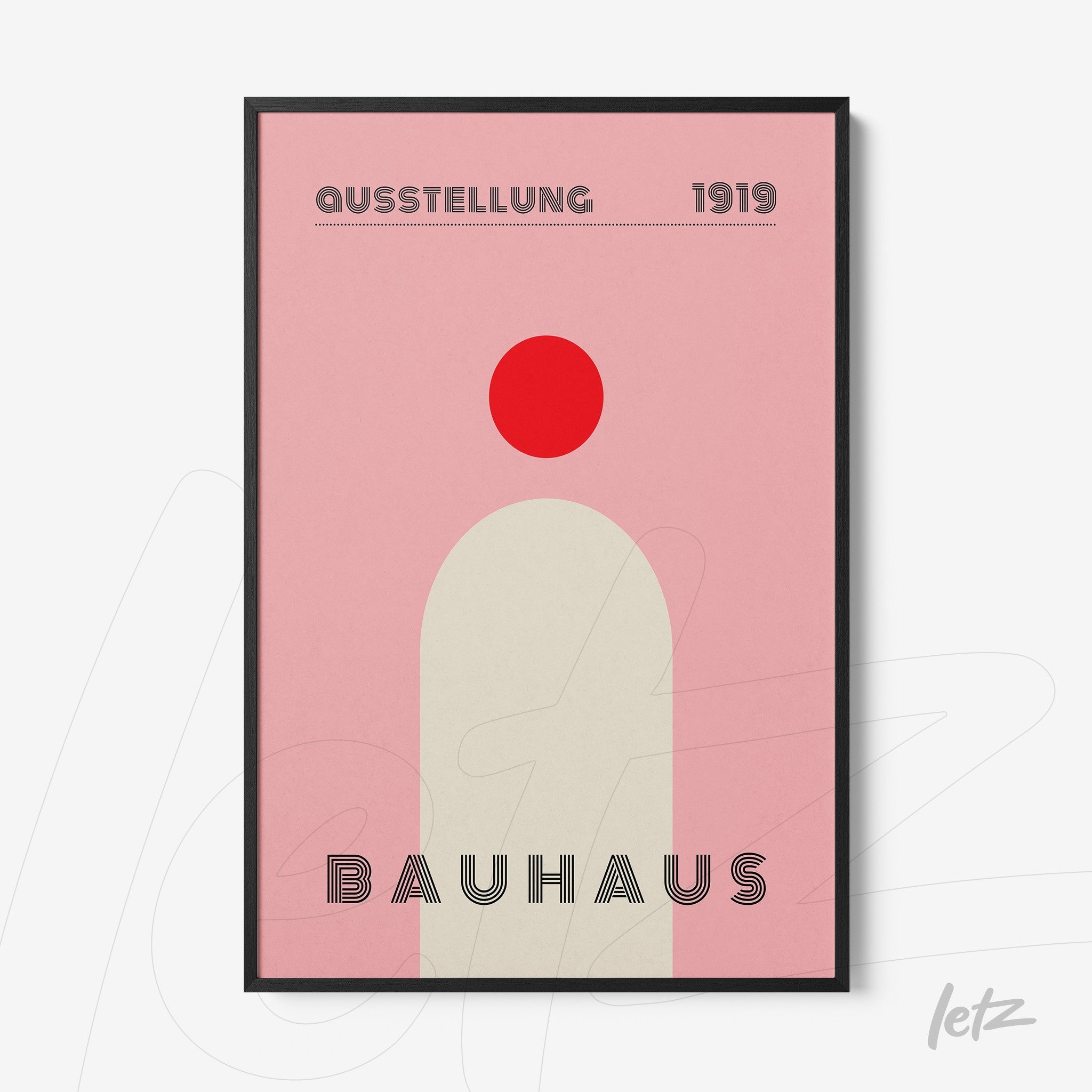 poster print featuring bauhaus style art with red circle and geometric shapes in black frame