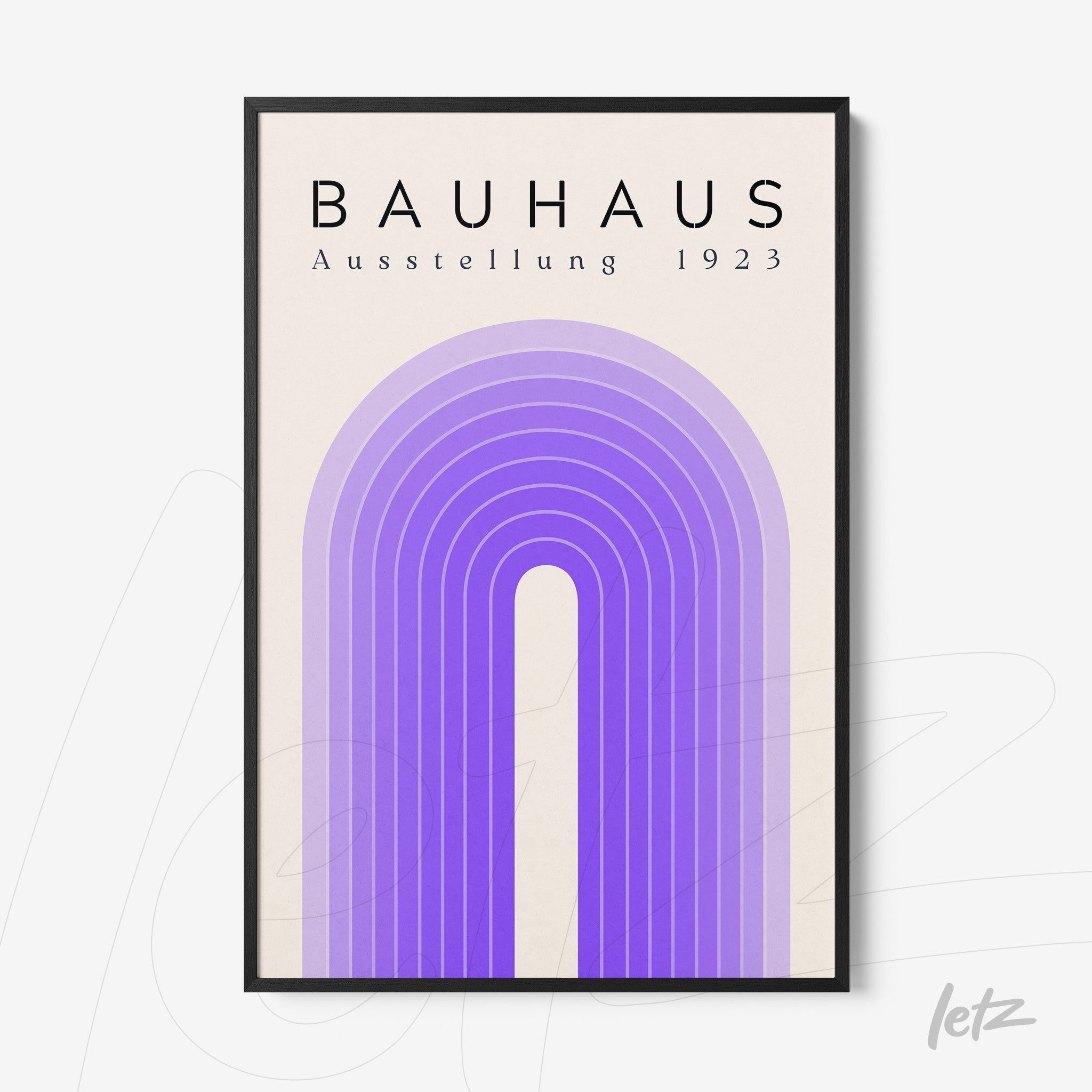poster print with minimalist Bauhaus 1923 design featuring purple arches framed in black