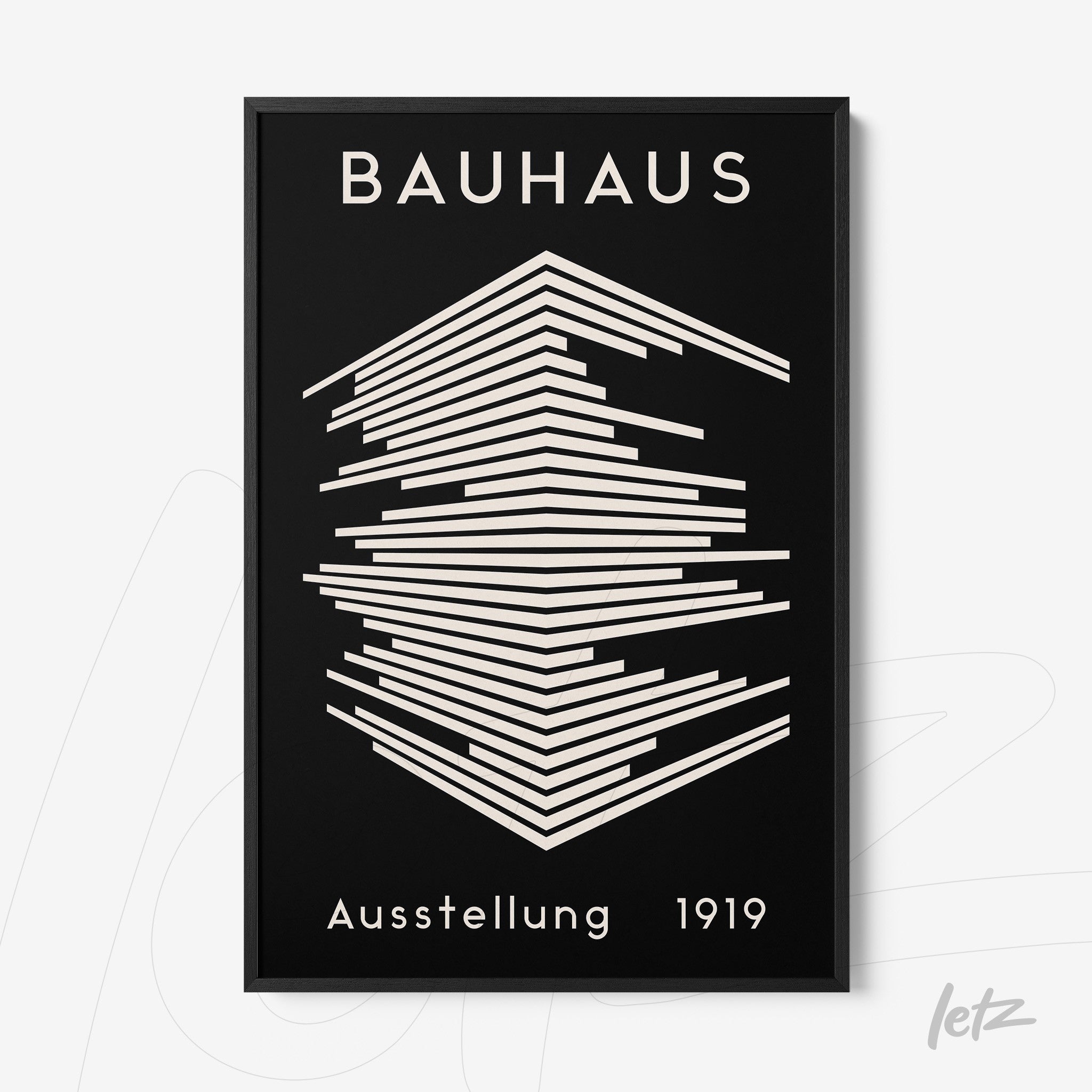 print featuring Bauhaus geometric art with a thin black frame and black background