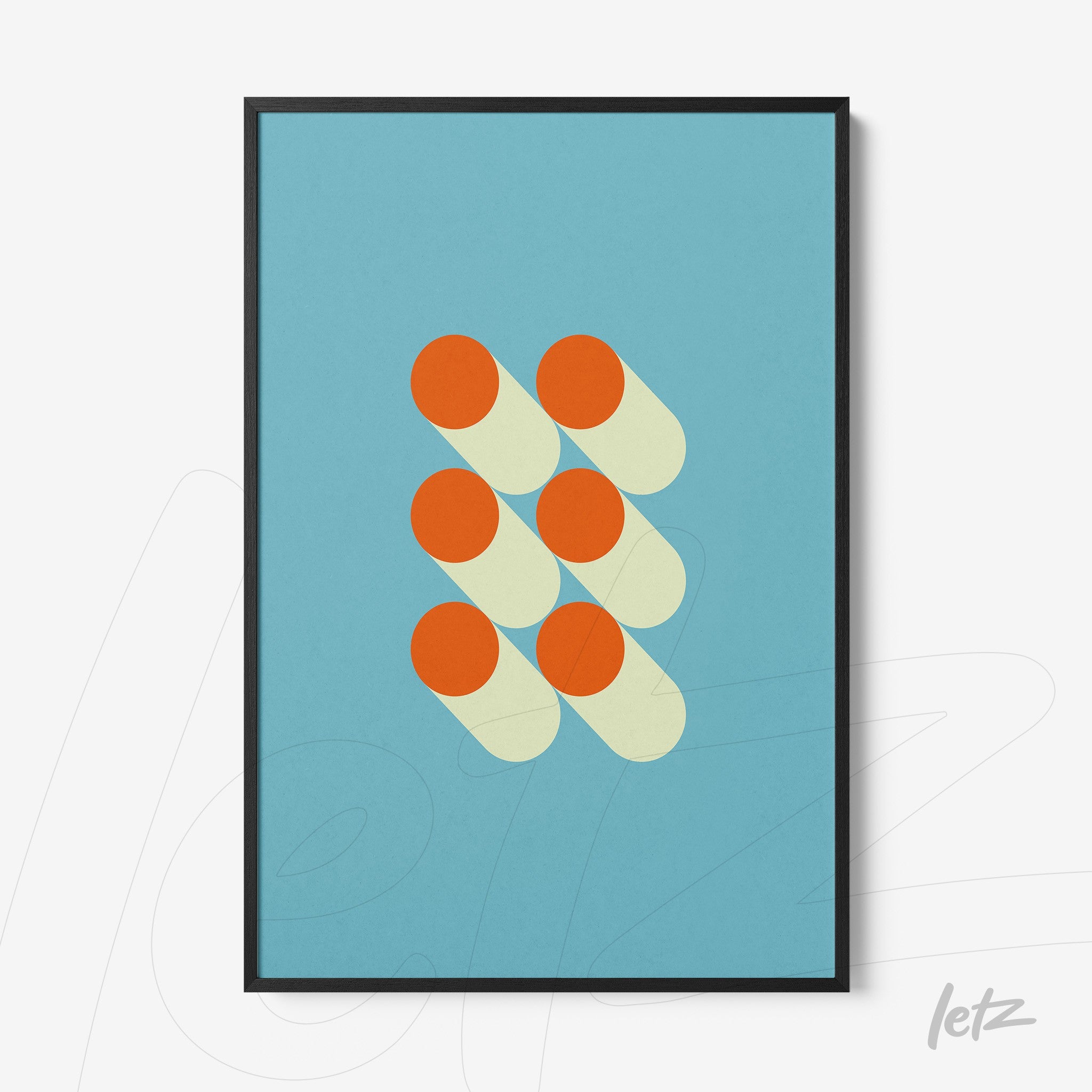 poster print of abstract art featuring orange circles on a blue background with black frame