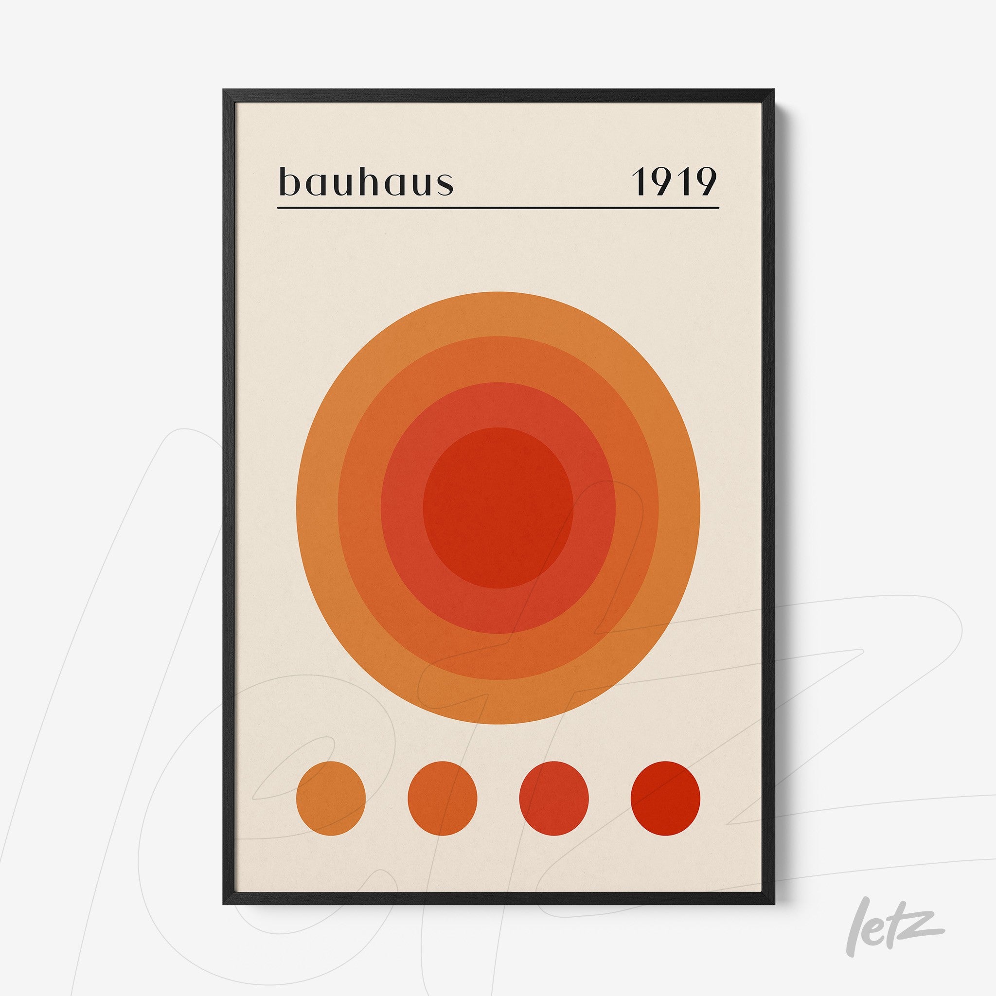 poster print featuring concentric orange circles in Bauhaus style from 1919, with a thin black frame