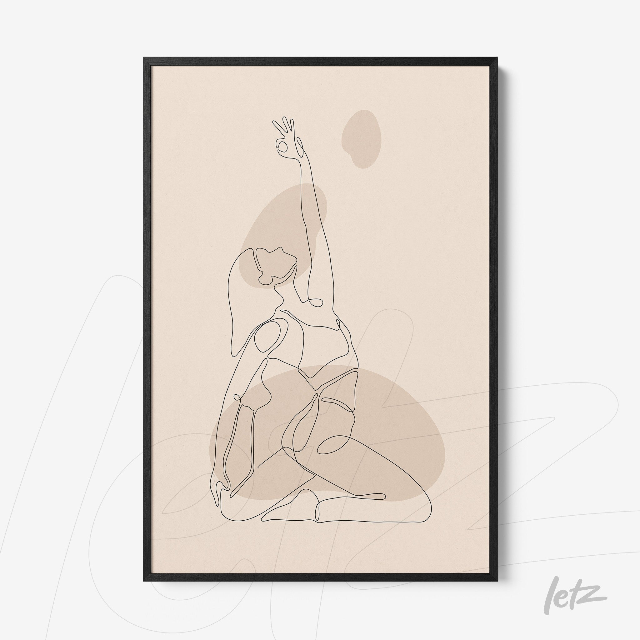 minimalist one-line illustration of a seated person with arm extended in a black frame against a beige background