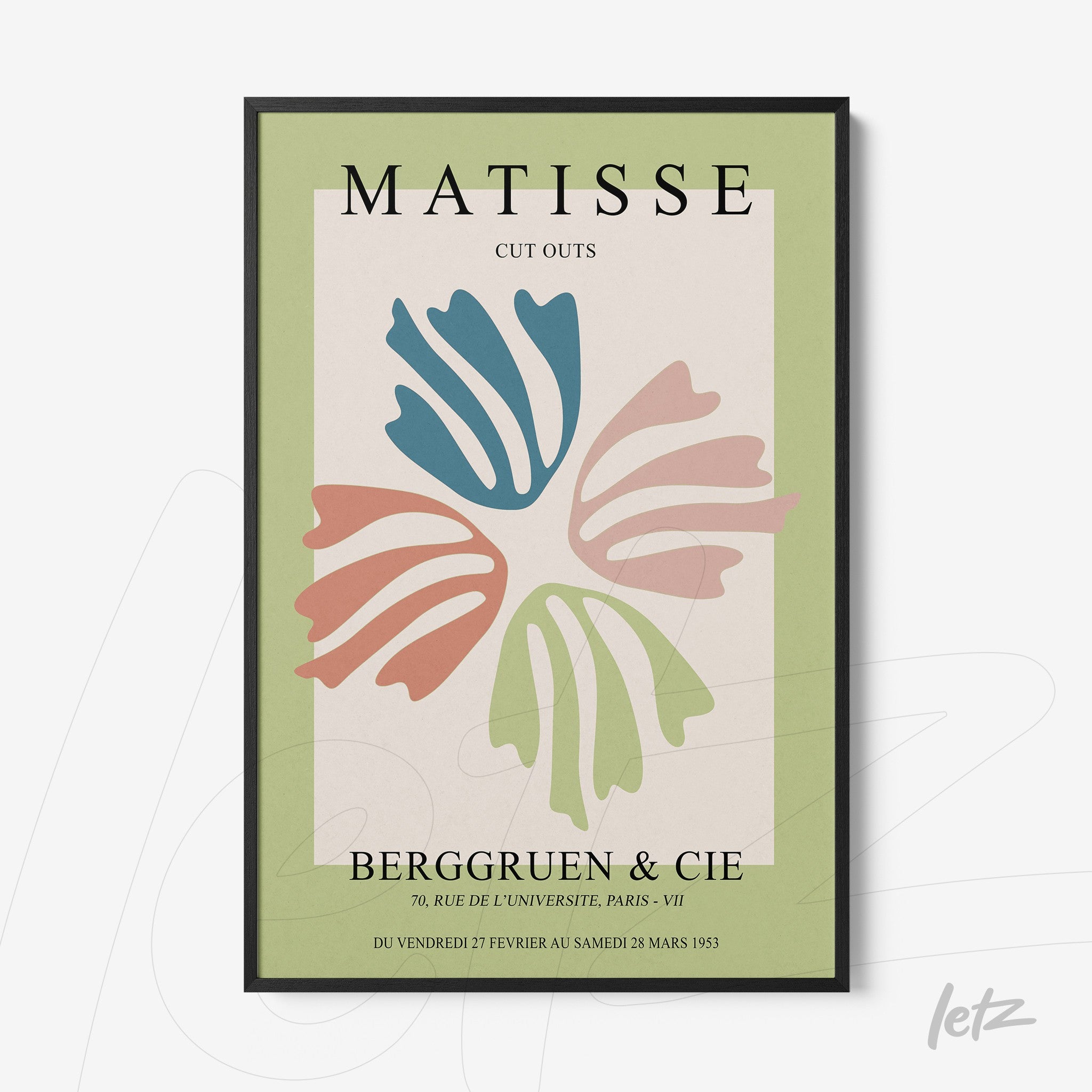 framed art inspired by Matisse featuring colorful organic shapes on a light green background