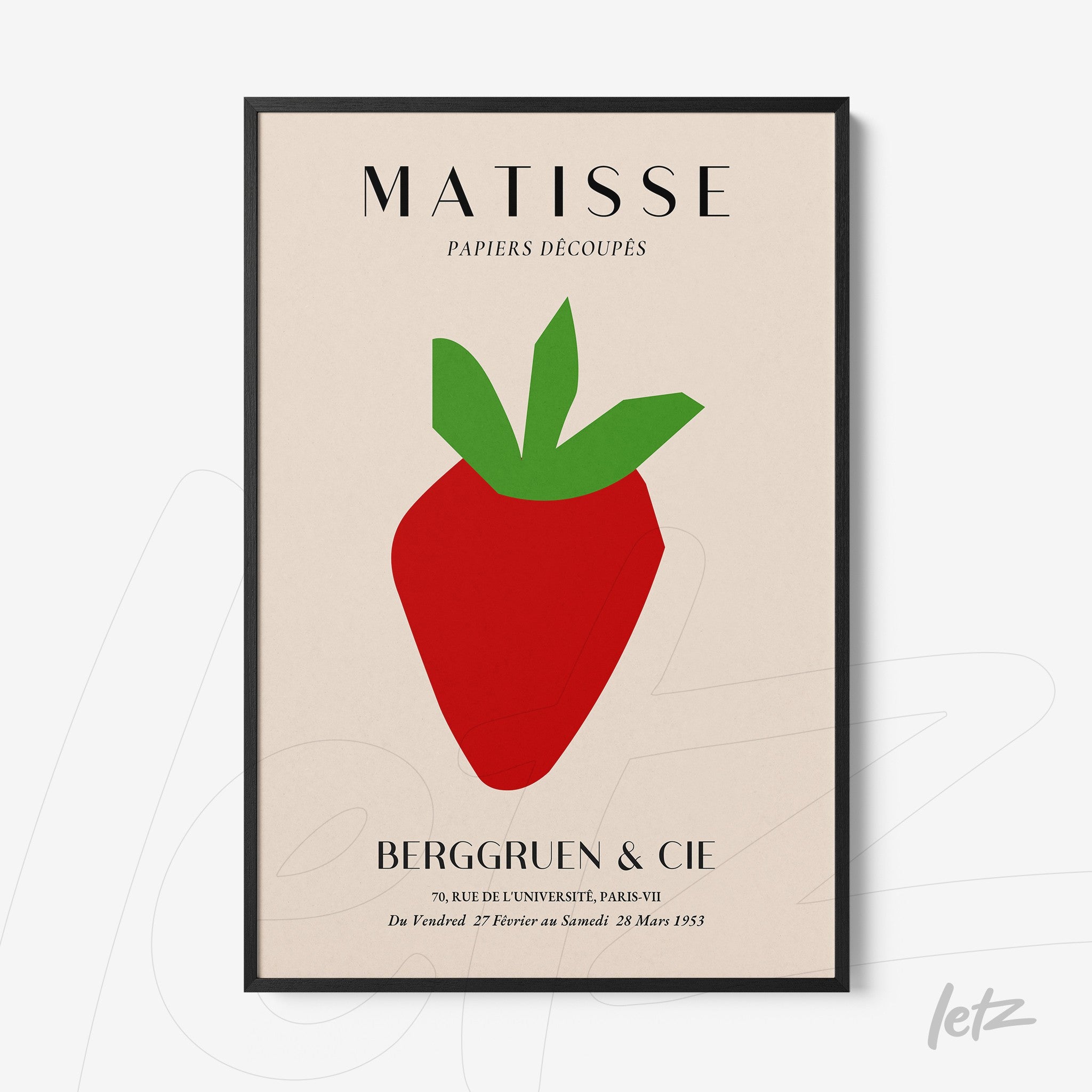 framed wall art featuring abstract strawberry design in red and green colors on light background