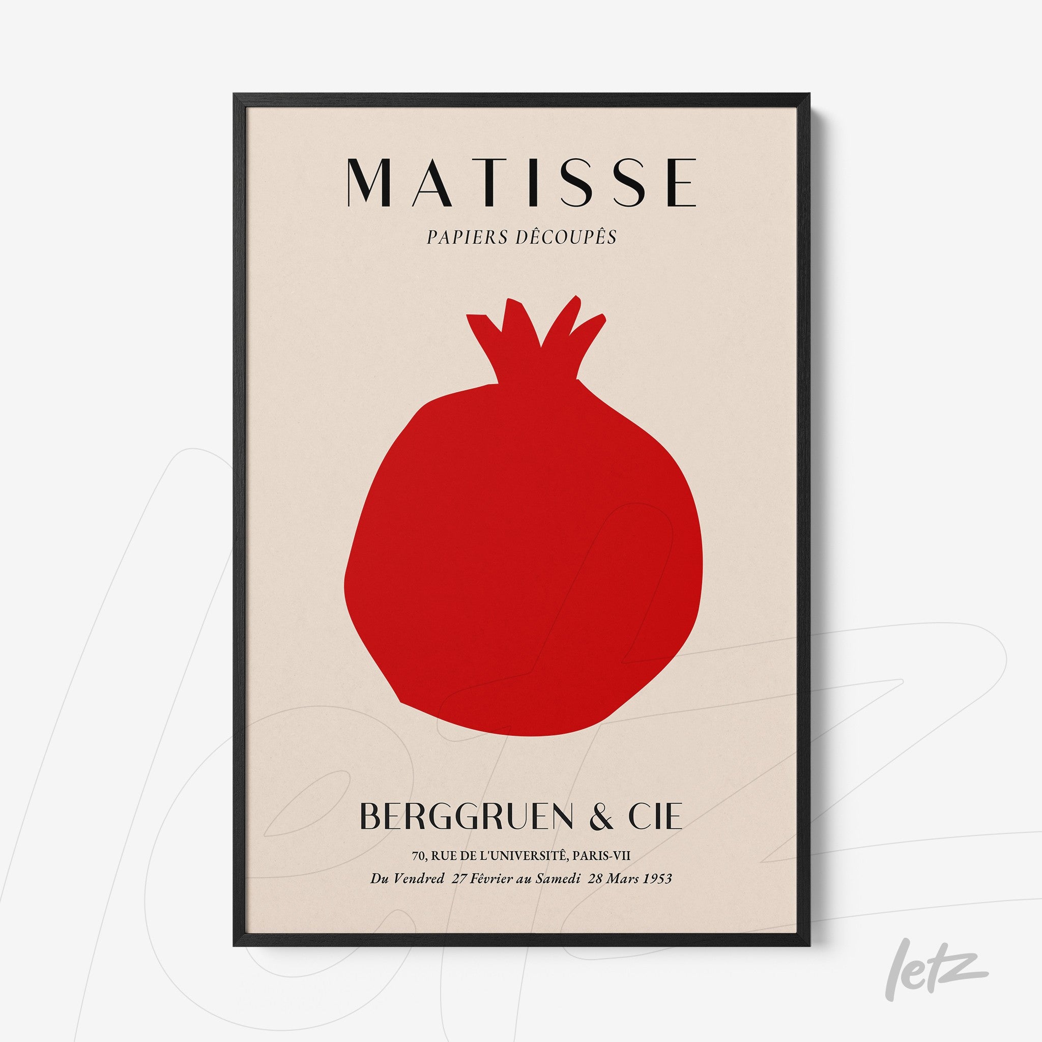 framed minimalist art featuring a red pomegranate on a light background