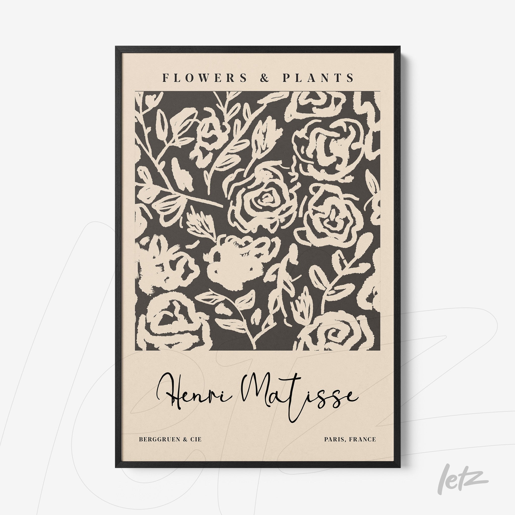framed wall art featuring floral design on neutral background in tribute to Henri Matisse